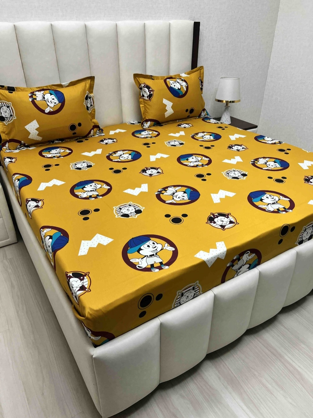 Pure Decor Passion Fur Yellow Cartoon Characters Cotton 240TC Bedsheet Set-2.28mx2.54m