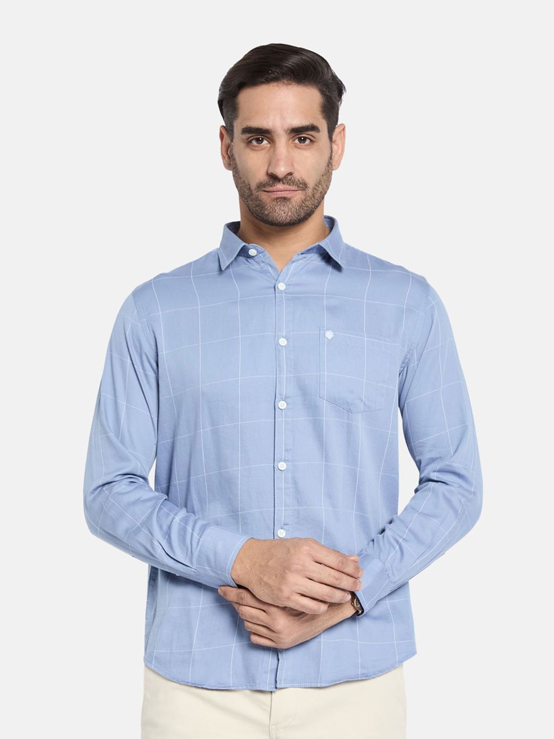 

METTLE Men Spread Collar Checked Cotton Casual Shirt, Blue