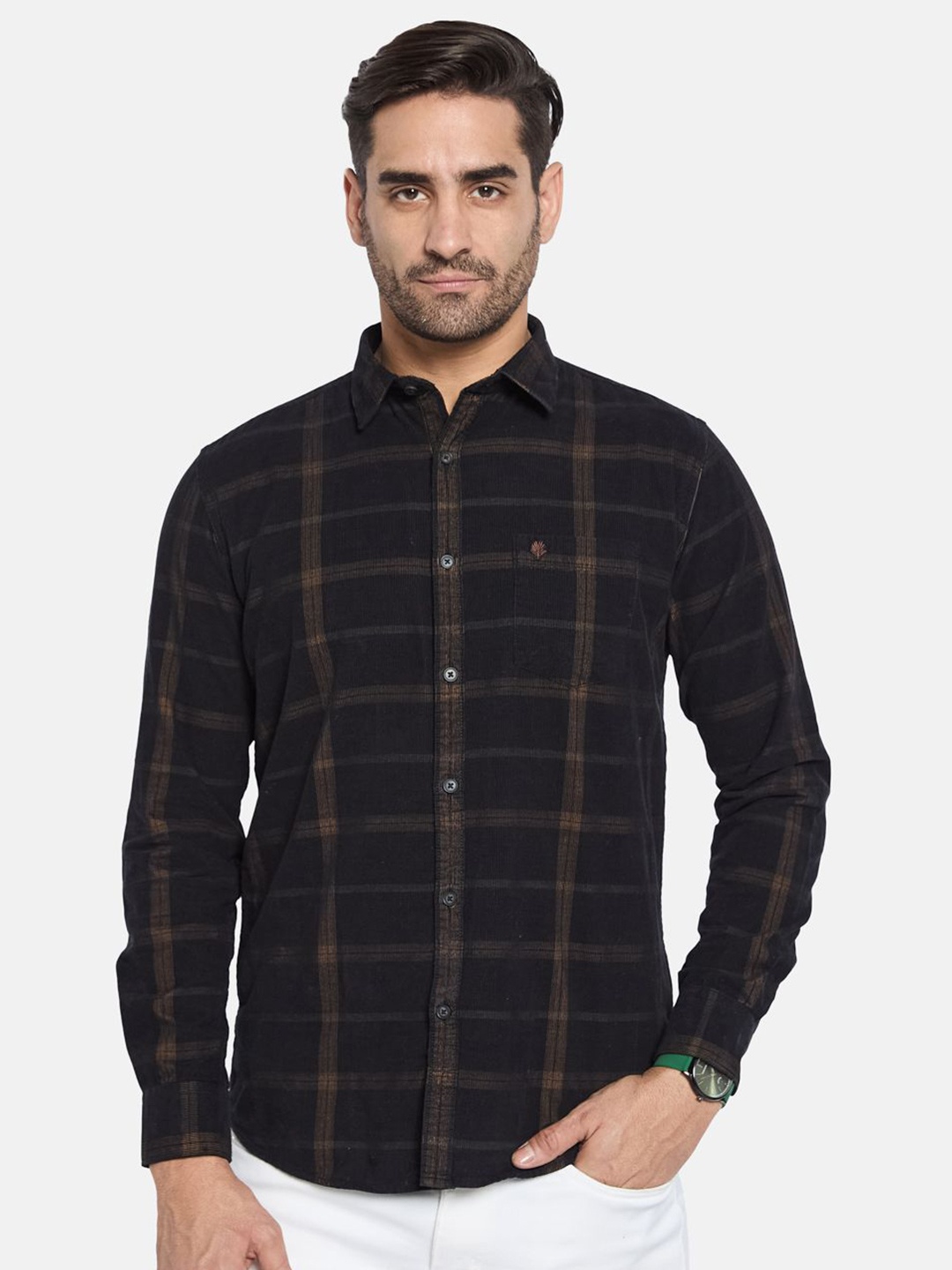 

METTLE Men Spread Collar Checked Cotton Casual Shirt, Black