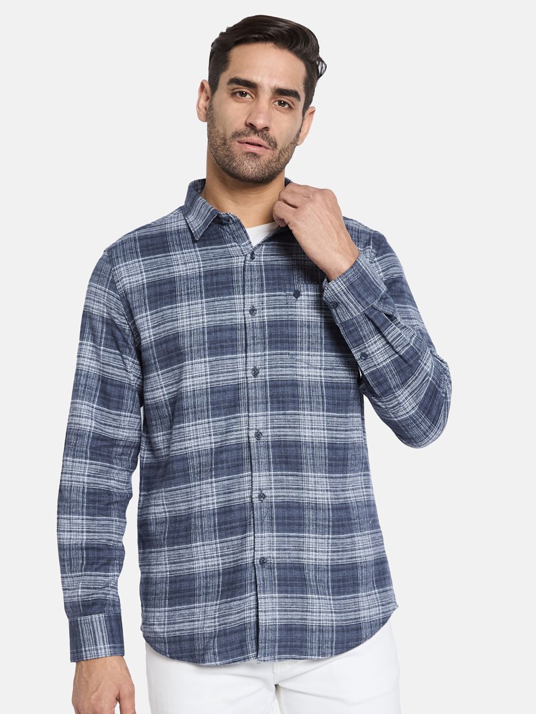 

METTLE Men Spread Collar Checked Cotton Casual Shirt, Navy blue