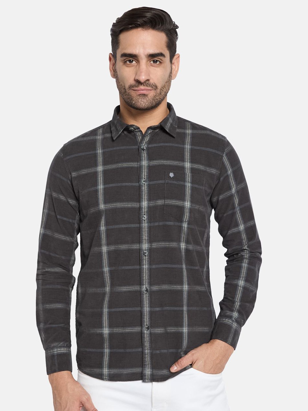 

METTLE Men Spread Collar Checked Cotton Casual Shirt, Black