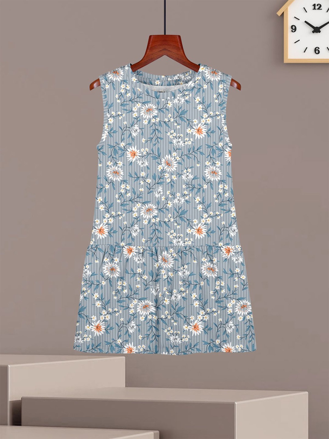 

HELLCAT Girls Cotton Flower Printed Drop-Waist Dress, Grey