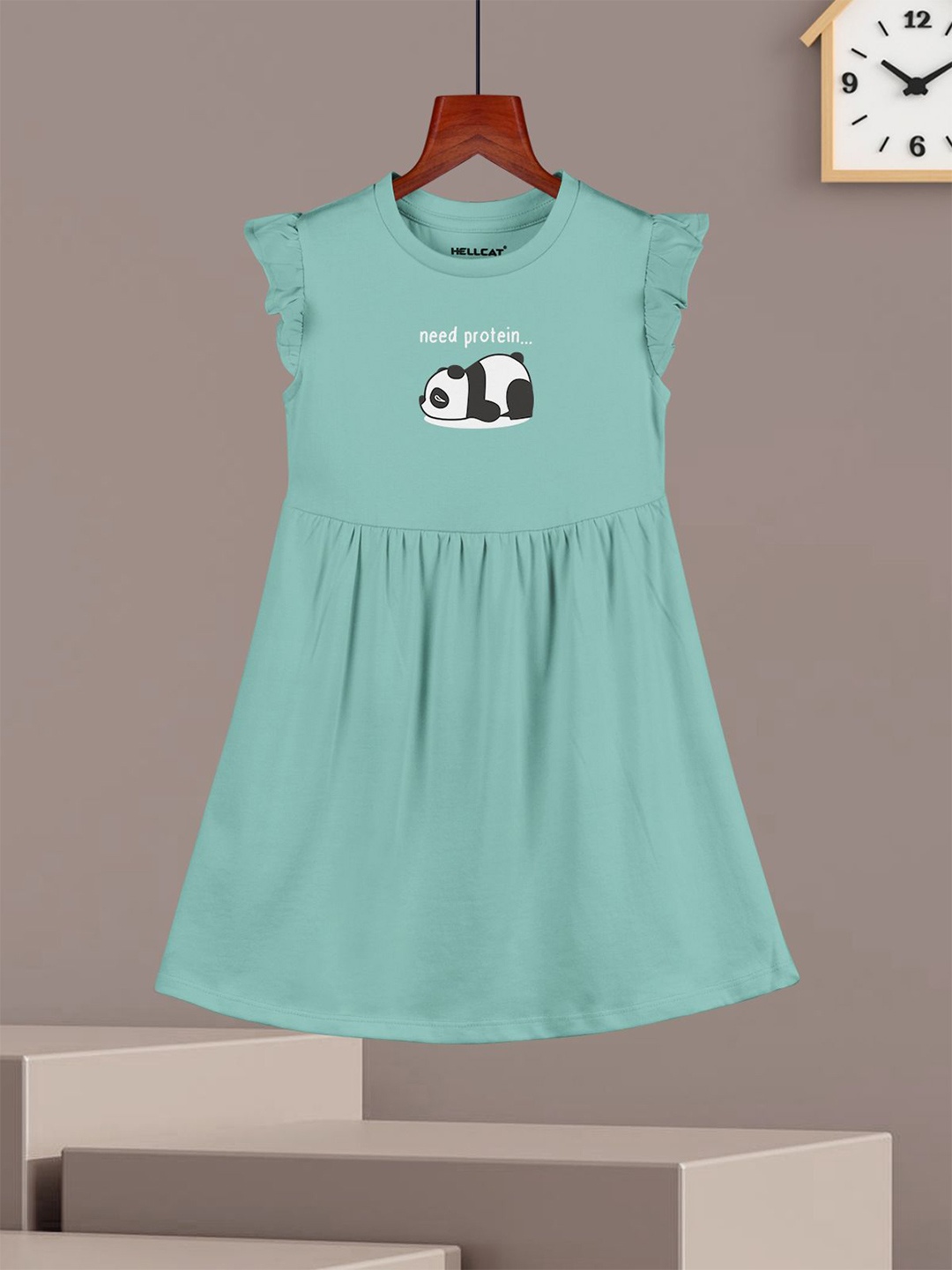 

HELLCAT Girls Printed Cotton Flutter Sleeve A-Line Dress, Sea green