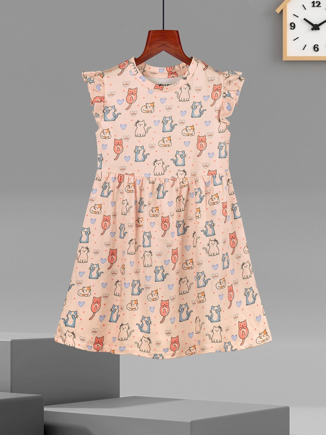 

HELLCAT Girls Conversational Printed Cotton A-Line Knee Length Dress, Peach