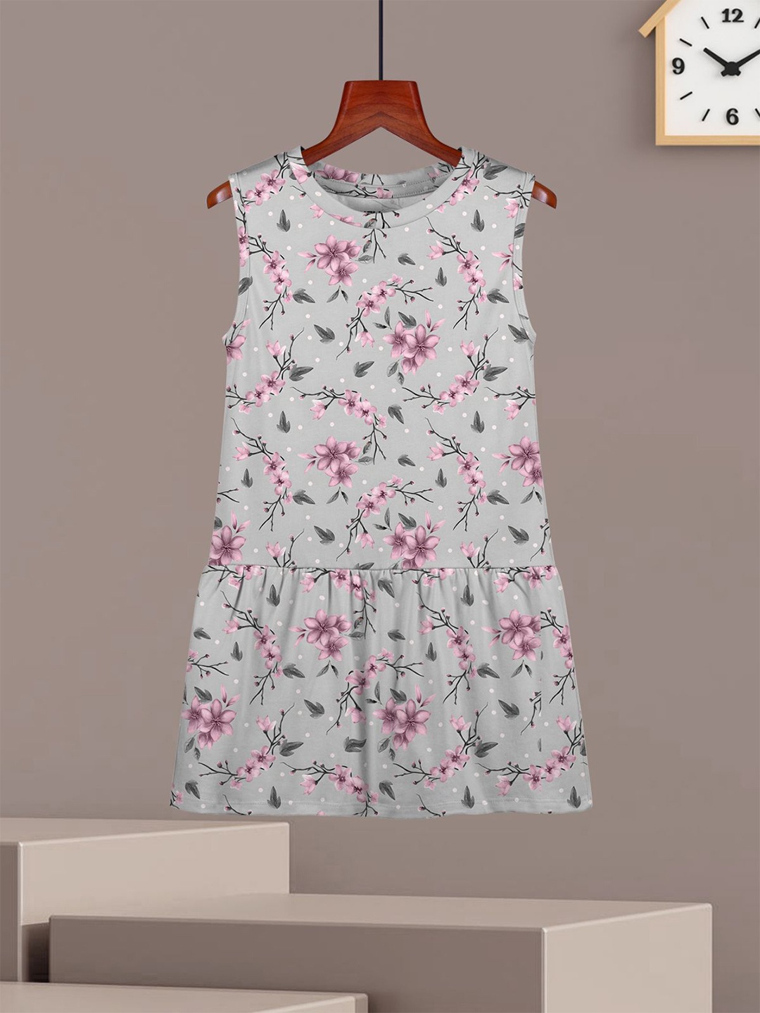 

HELLCAT Floral Print A-Line Dress, Grey