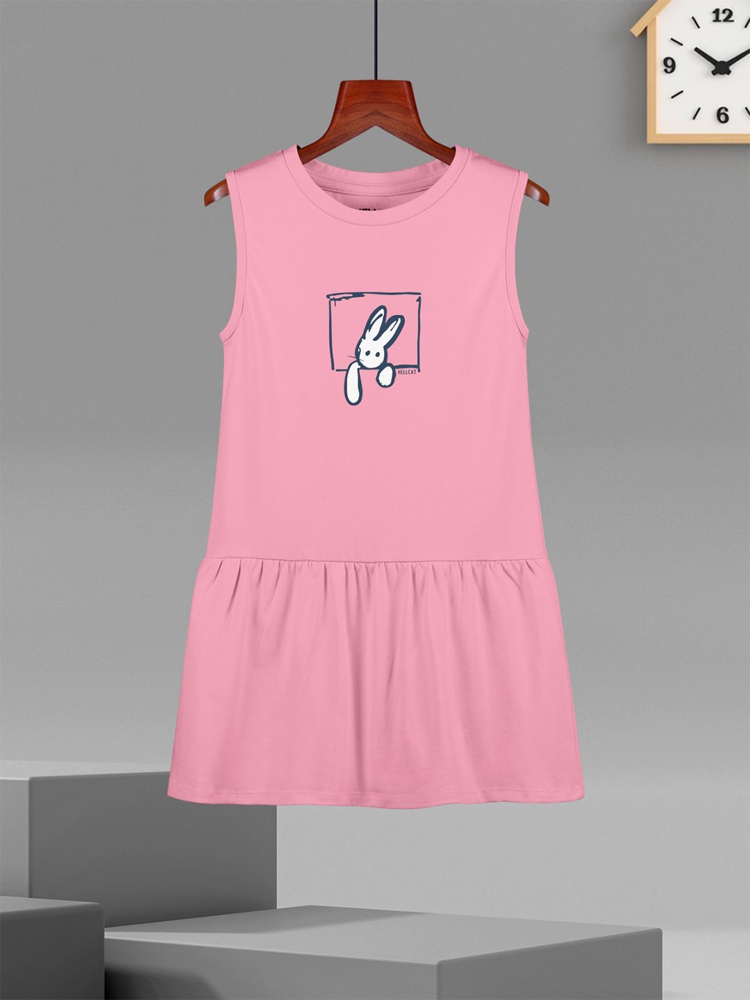 

HELLCAT Girls Cotton Printed A-Line Dress, Pink