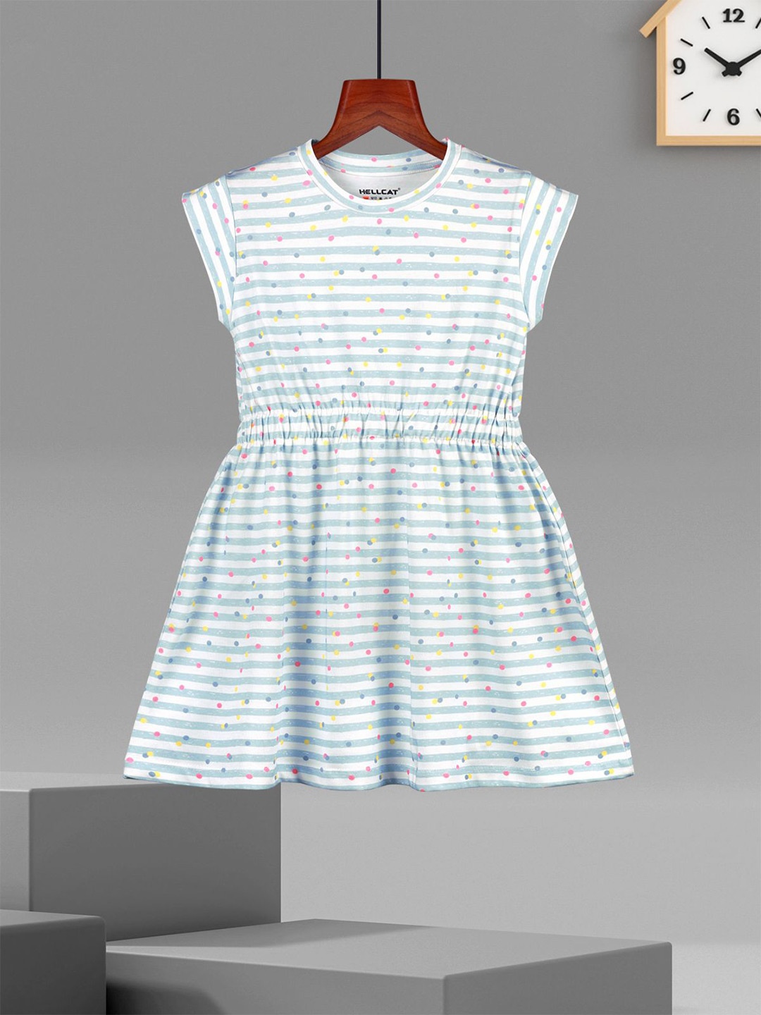

HELLCAT Girls Cotton Striped Printed A-Line Dress, White