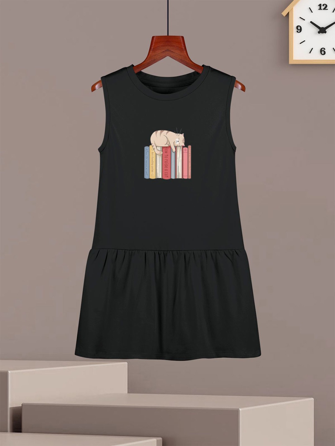 

HELLCAT Girls Cotton Printed A-Line Dress, Black