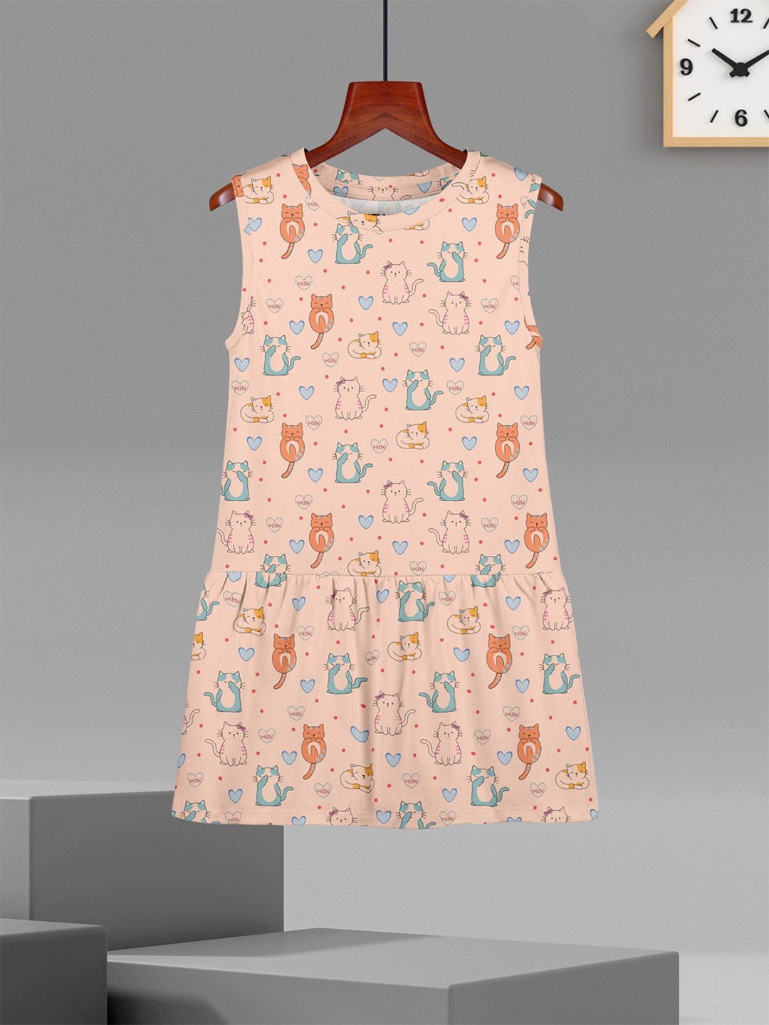 

HELLCAT Girls Cotton Printed A-Line Dress, Peach