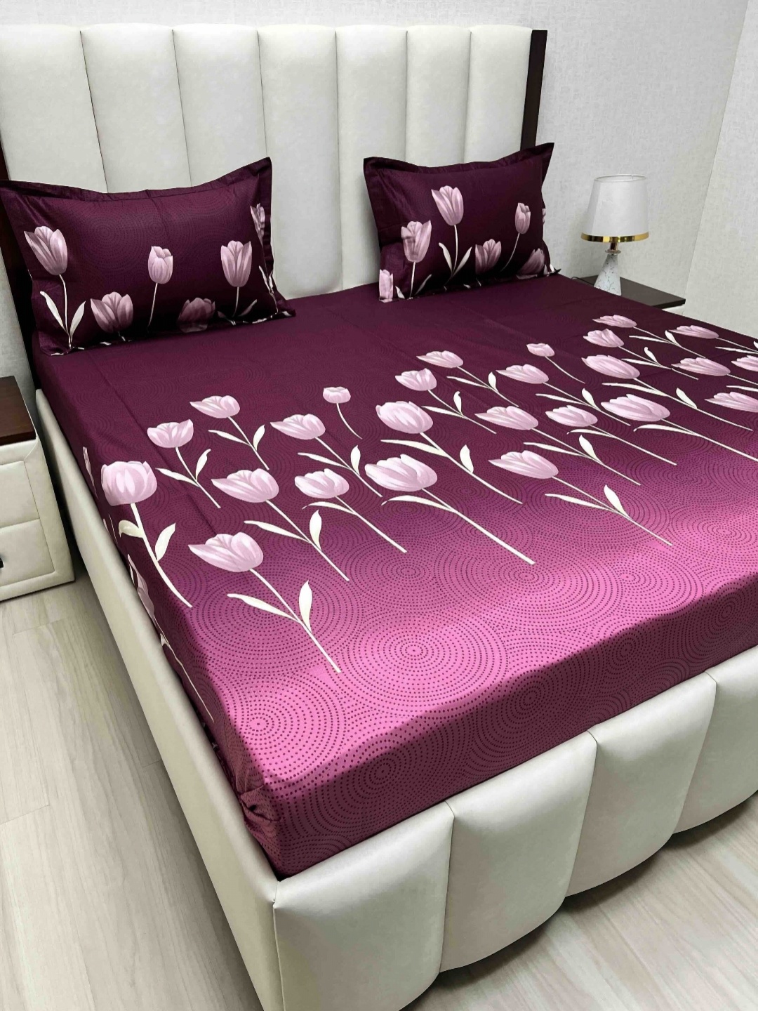 Pure Decor Passion Fur Purple & White Floral Cotton 230 TC Queen Bedsheet Set-2.28mx2.54m