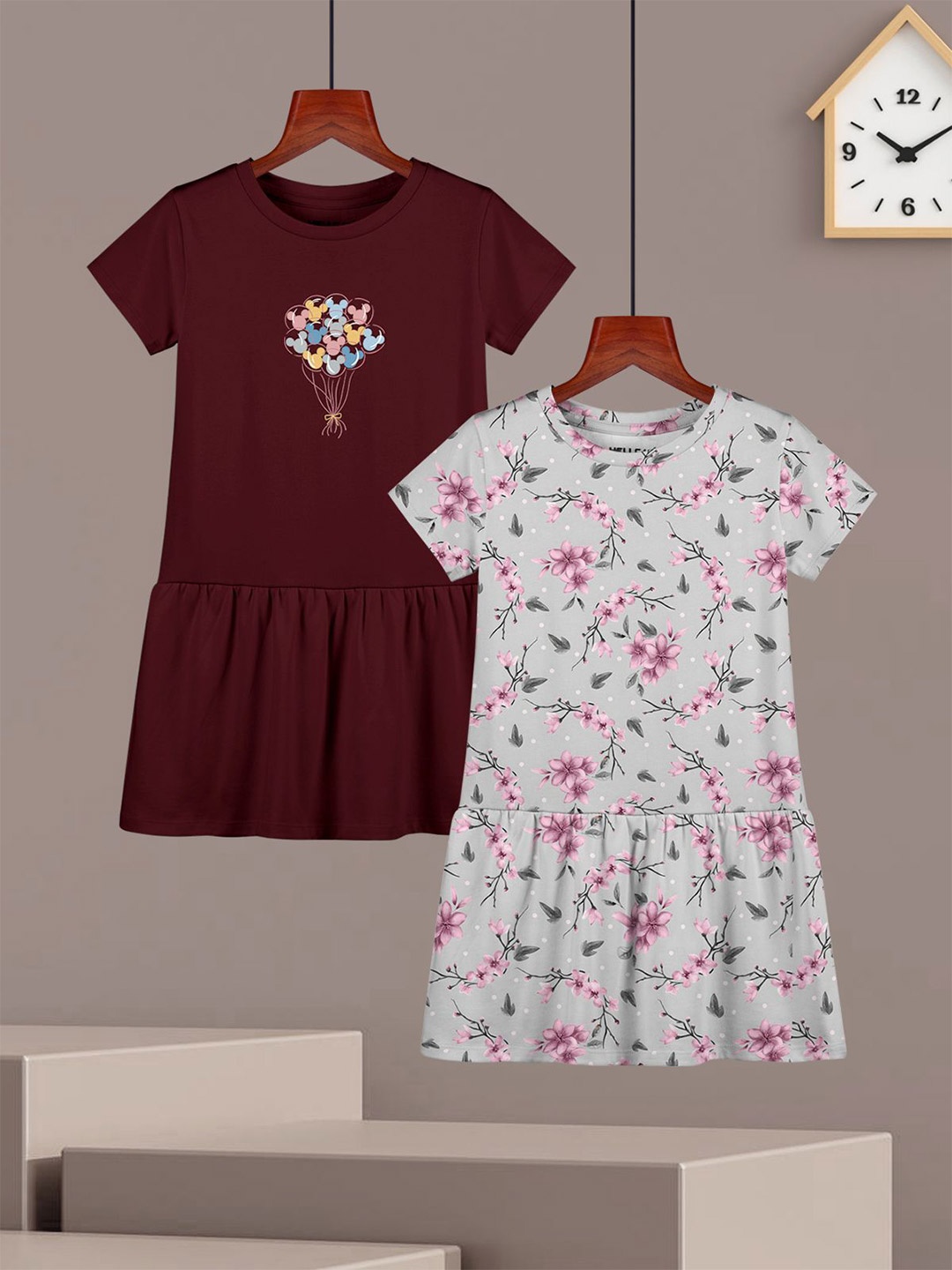 

HELLCAT Girls Pack Of 2 Cotton Floral Printed Drop-Waist Dress, Maroon