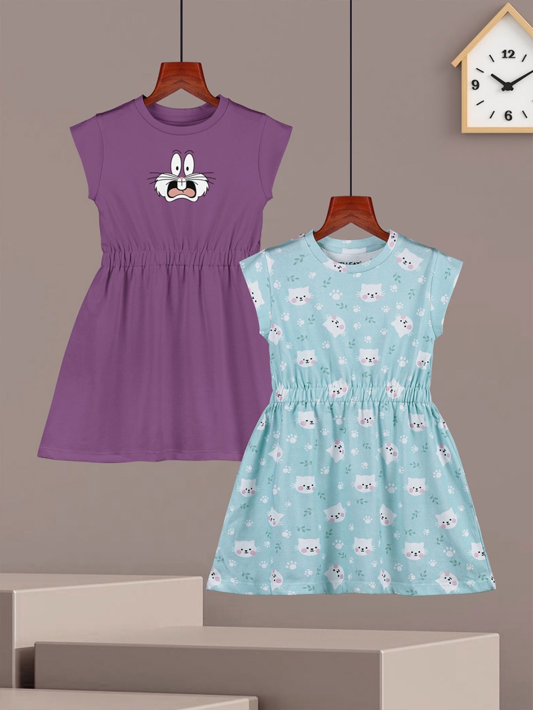 

HELLCAT Girls Pack Of 2 Printed Fit and Flare Dress, Multi