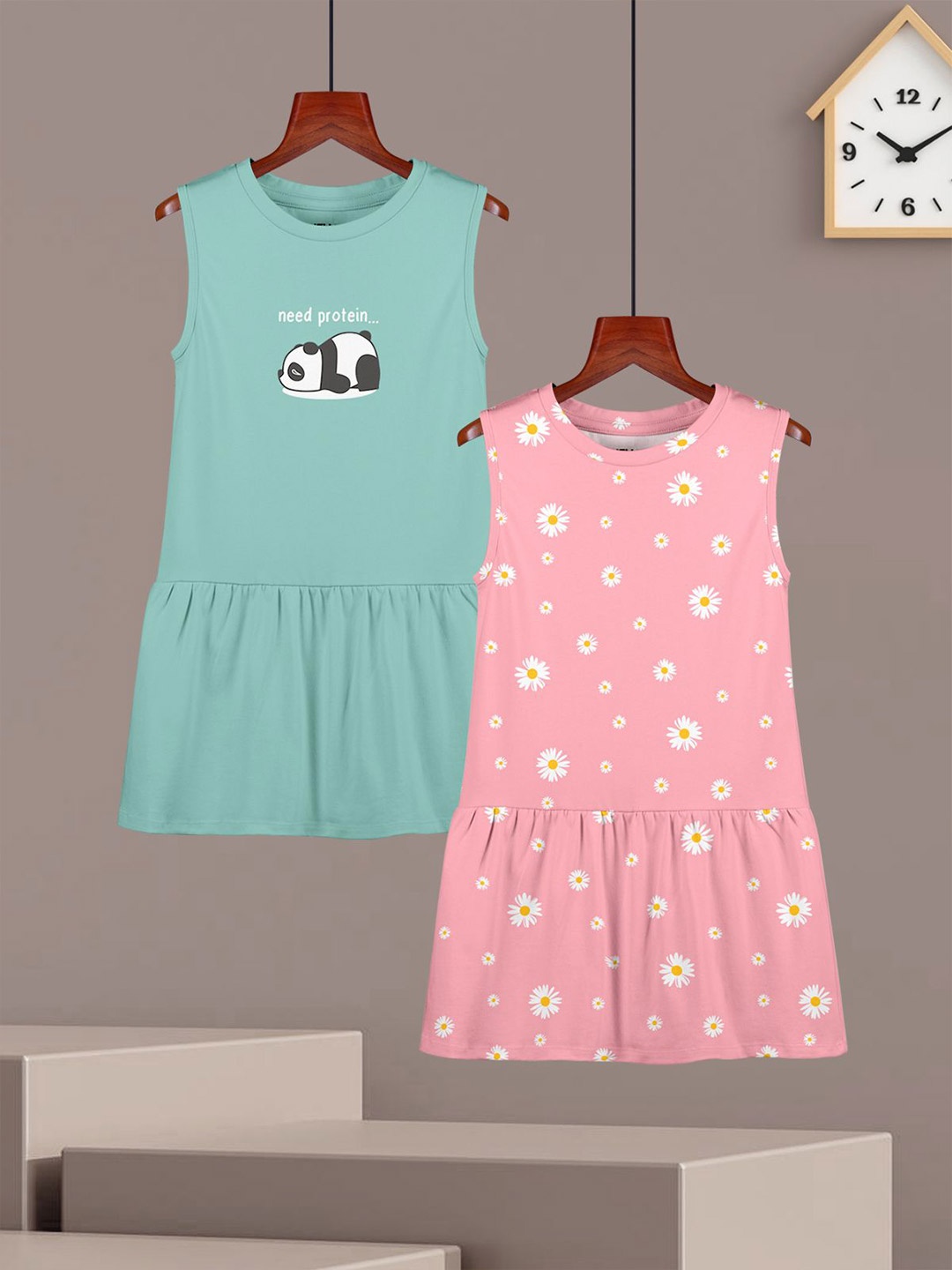 

HELLCAT Girls Pack of 2 Graphic Printed A-Line Cotton, Blue