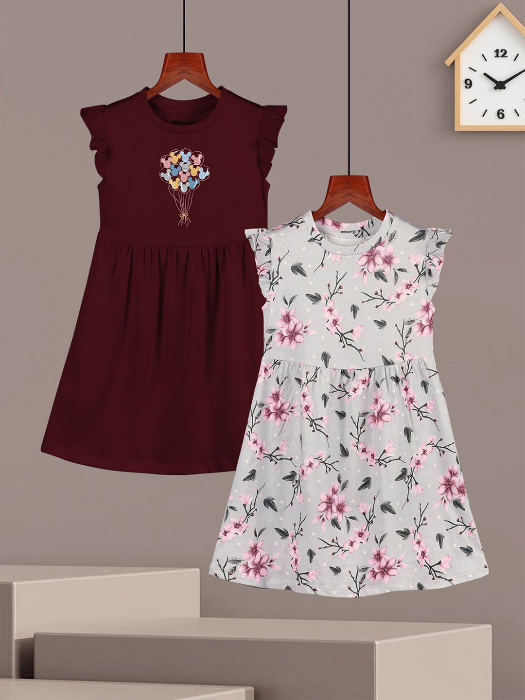 

HELLCAT Girls Pack of 2 Printed Flutter Sleeves Cotton Fit and Flare Dresses, Maroon