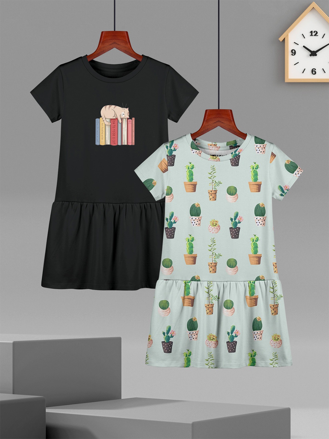 

HELLCAT Girls Pack Of 2 Cotton Printed Drop-Waist Dress, Black