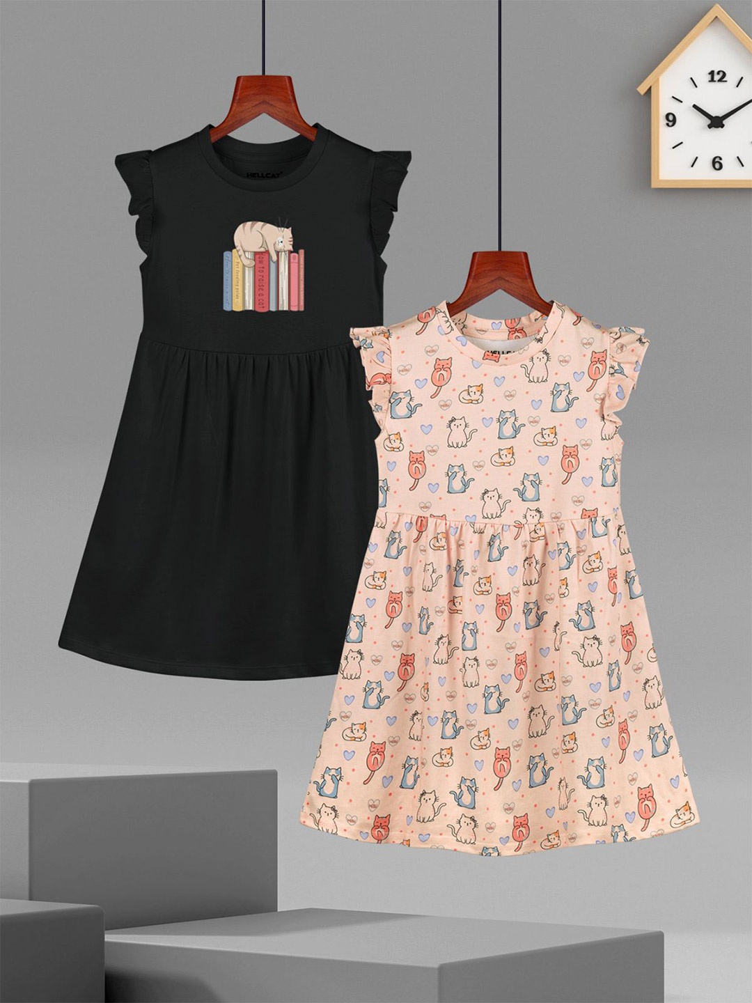 

HELLCAT Girls Pack Of 2 Ruffles Cotton Fit & Flare Dress, Black