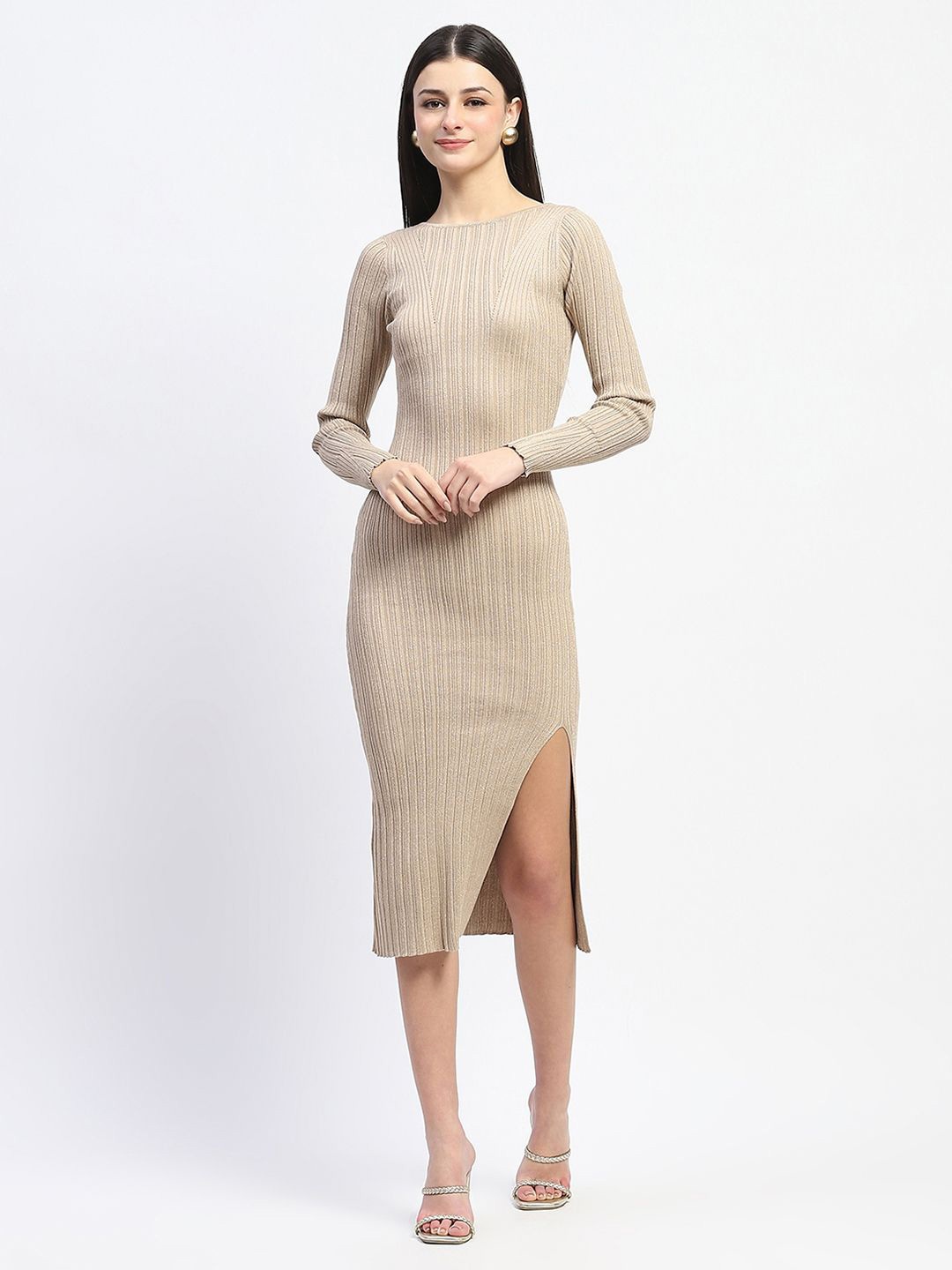 

Madame Women Striped Bodycon Dress, Camel brown