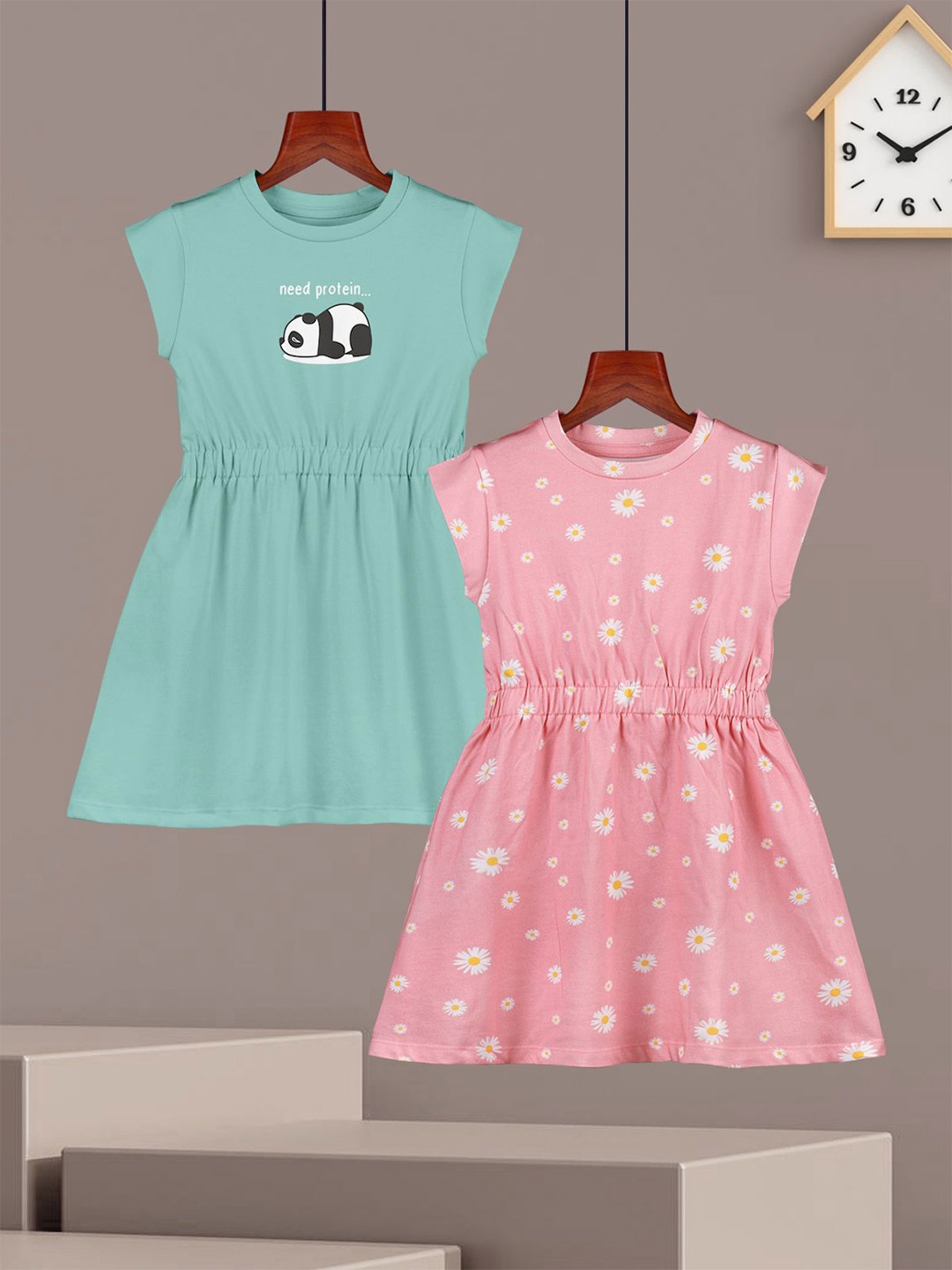 

HELLCAT Girls Cotton Pack Of 2 Print A-Line Dress, Pink