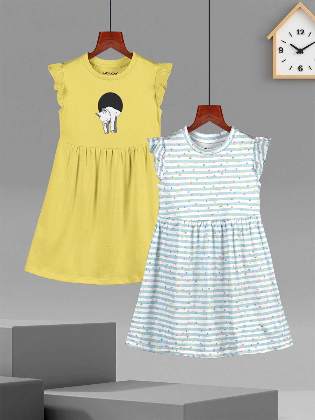 

HELLCAT Girls Pack of 2 Graphic Printed A-Line Cotton Dress, Yellow