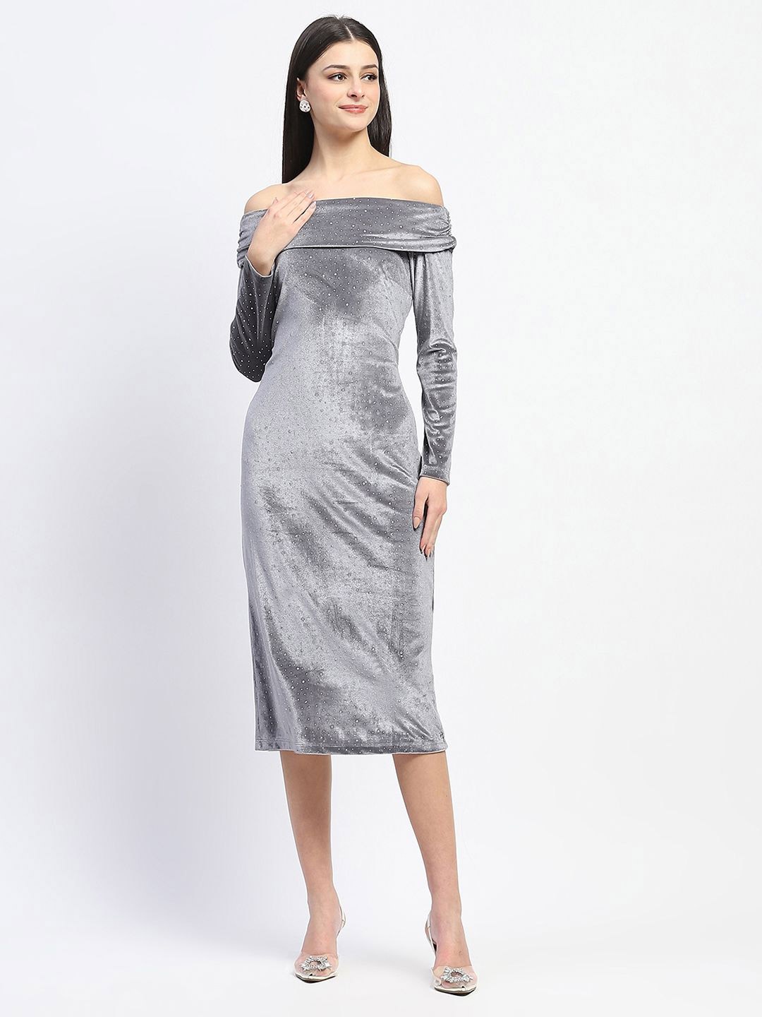 

Madame Embellished Off-Shoulder Sheath Midi Dress, Silver