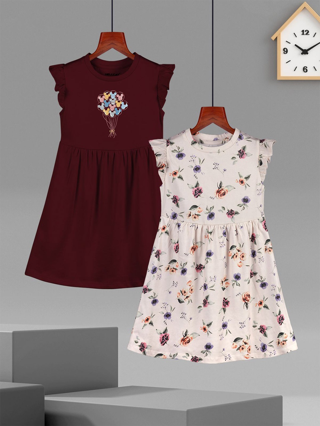 

HELLCAT Girls Pack of 2 Printed Flutter Sleeve A-Line Dress, Burgundy