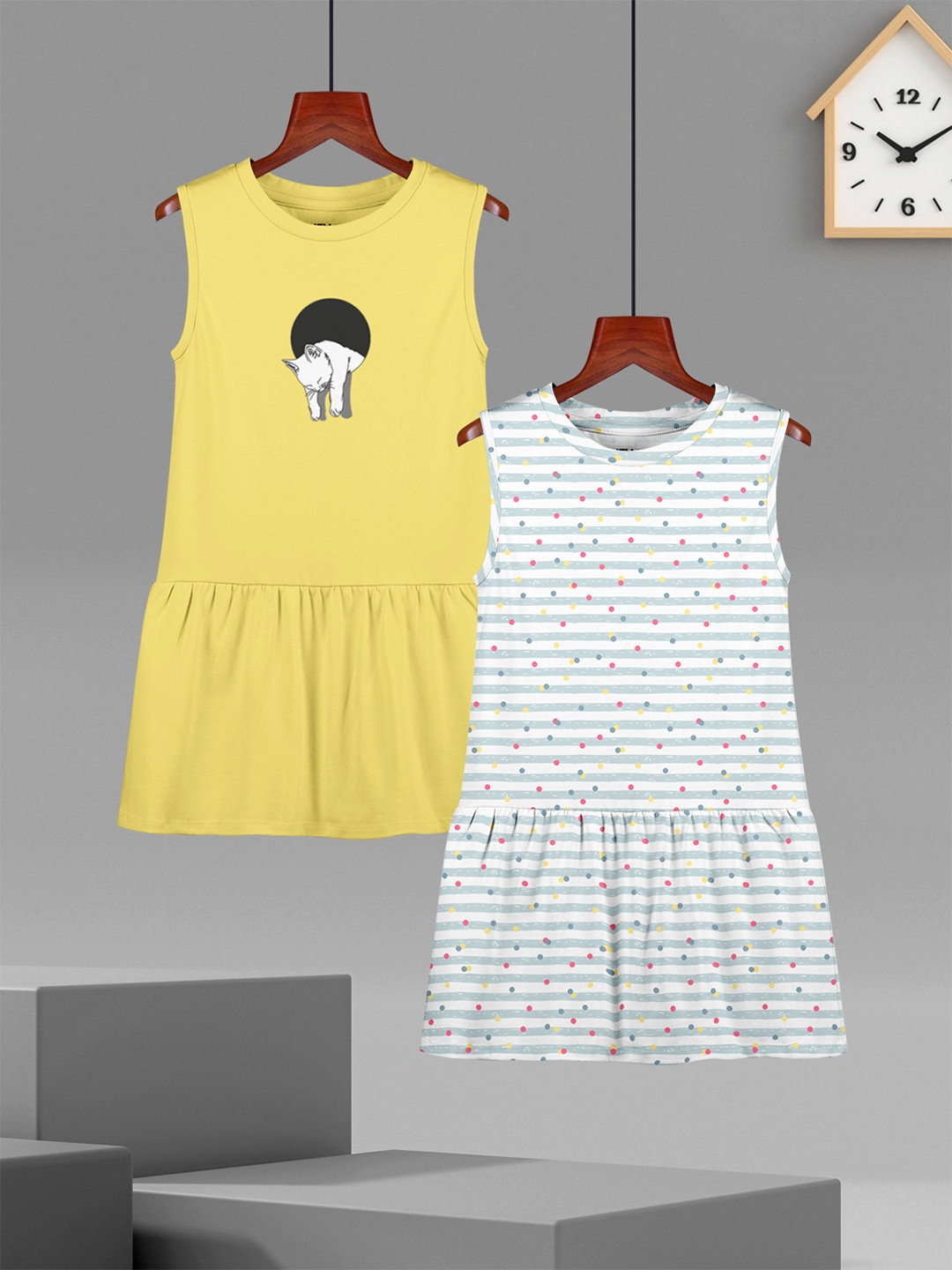 

HELLCAT Girls Pack Of 2 Printed Cotton A-Line Dress, Yellow