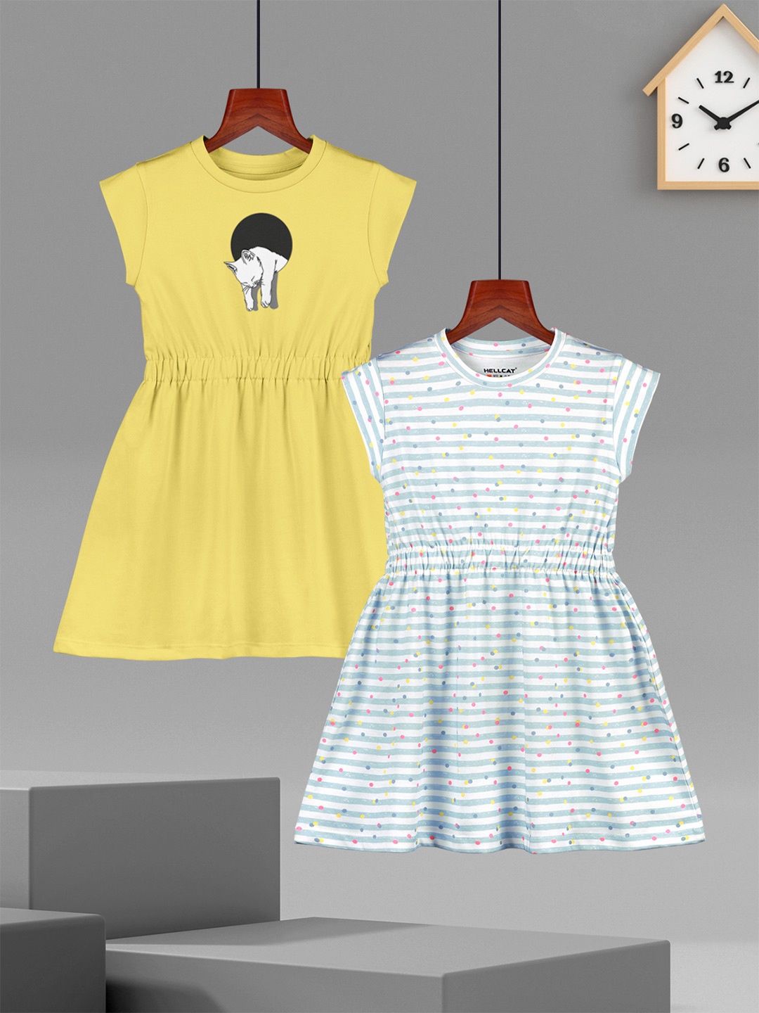 

HELLCAT Girls Pack Of 2 Cotton Printed Fit and Flare Dress, Yellow