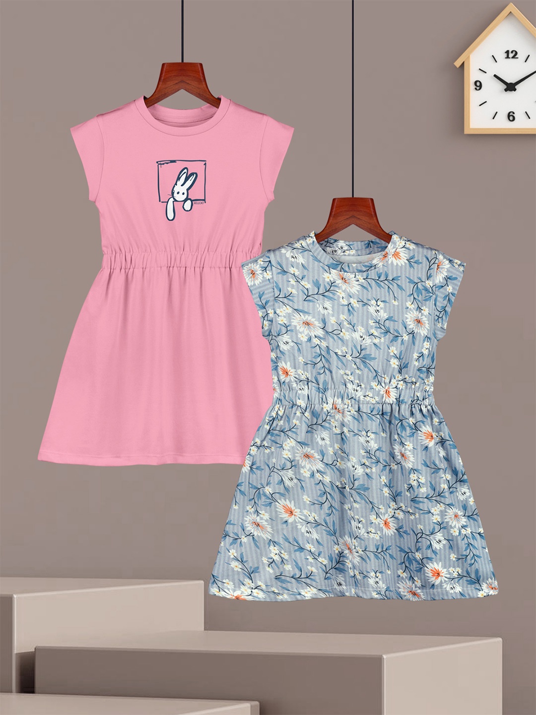 

HELLCAT Girls - Pack of 2 Graphic Printed Round Neck Sleeveless A-Line Dress, Multi