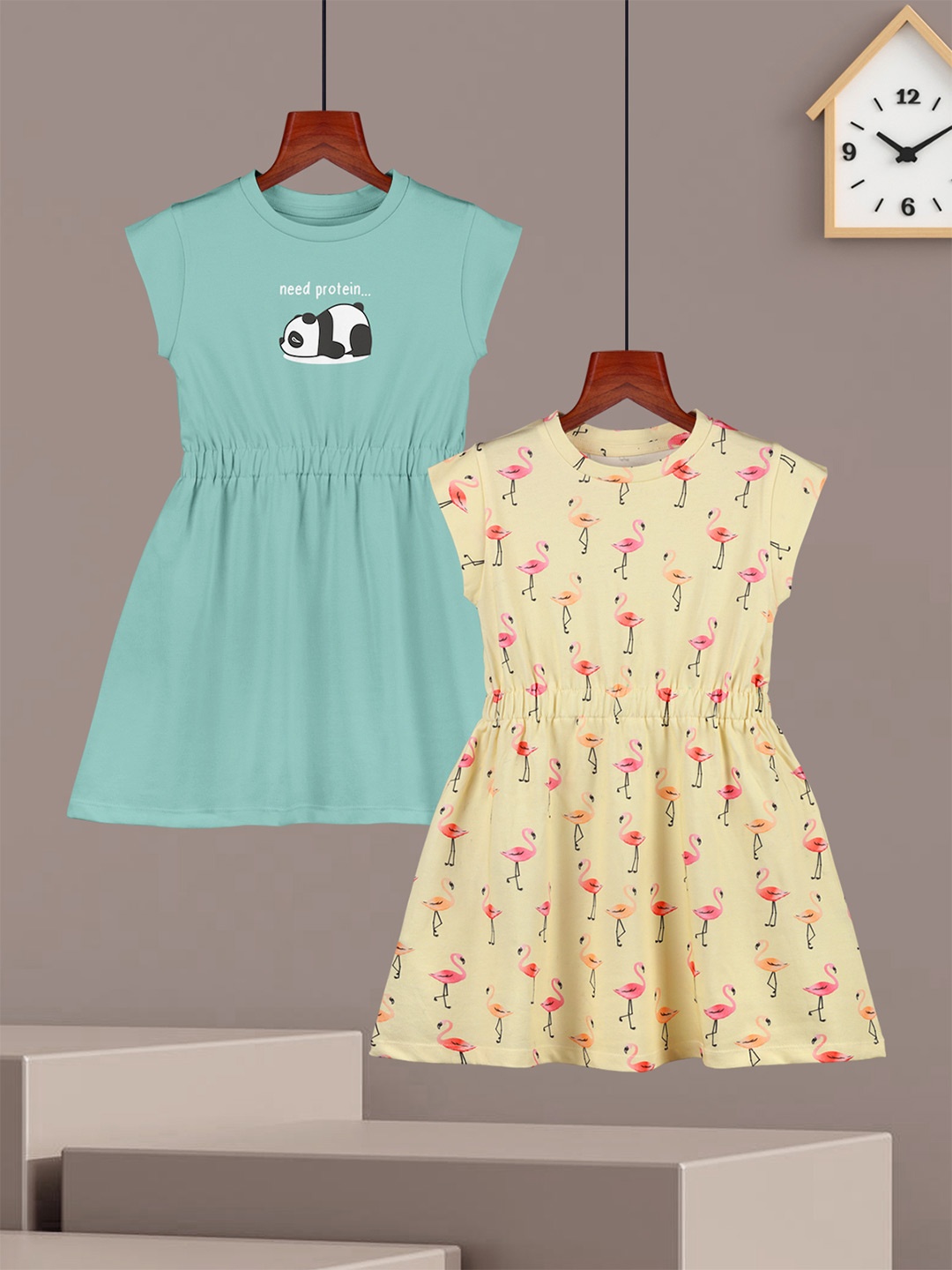 

HELLCAT Girls Pack of 2 Graphic Printed A-Line Cotton Dress, Blue