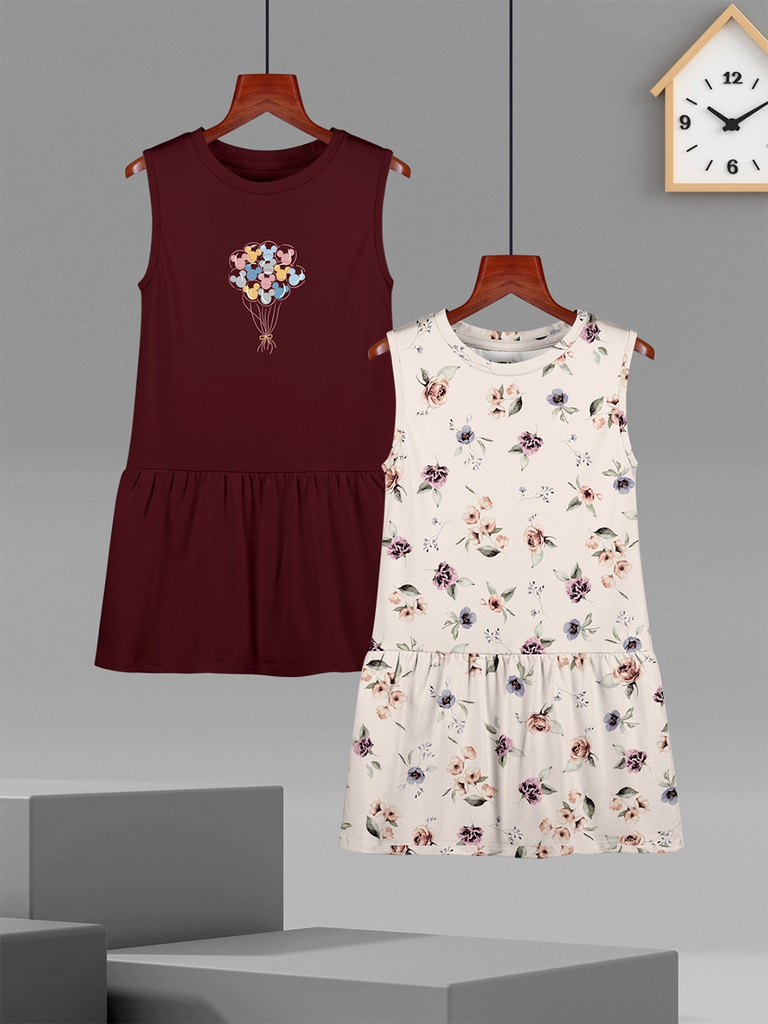 

HELLCAT Girls Pack of 2 Printed Cotton Drop-Waist Dress, Burgundy