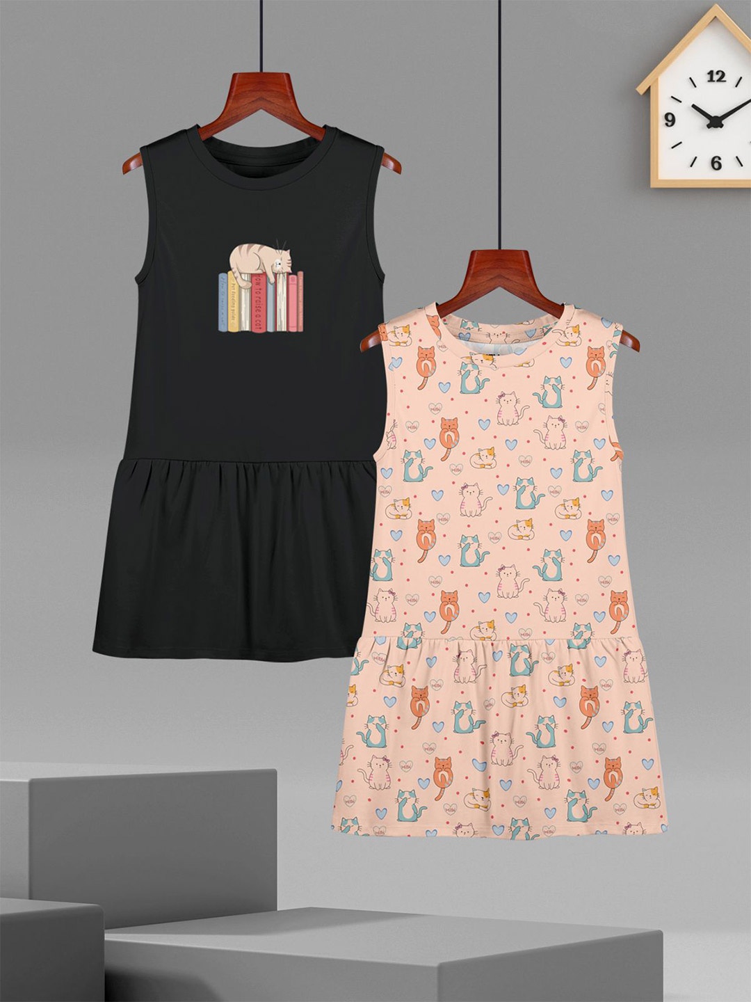 

HELLCAT Pack Of 2 Cotton Printed Drop-Waist Dress, Black