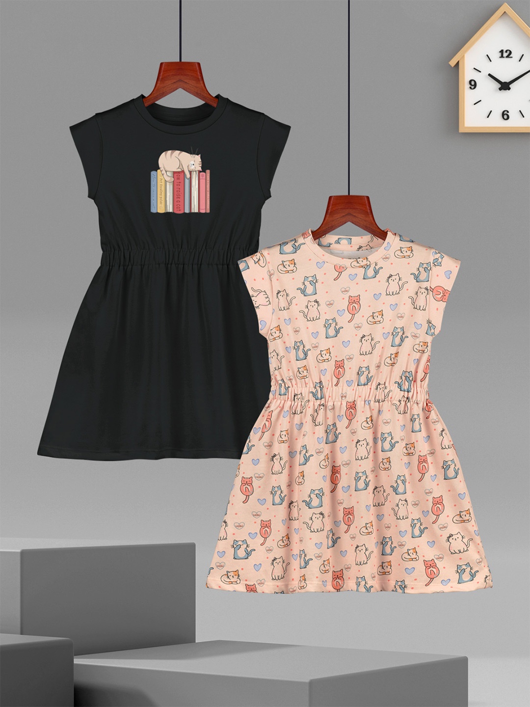 

HELLCAT Girls Pack of 2 Printed Cap Sleeves Cotton Fit and Flare Dresses, Black