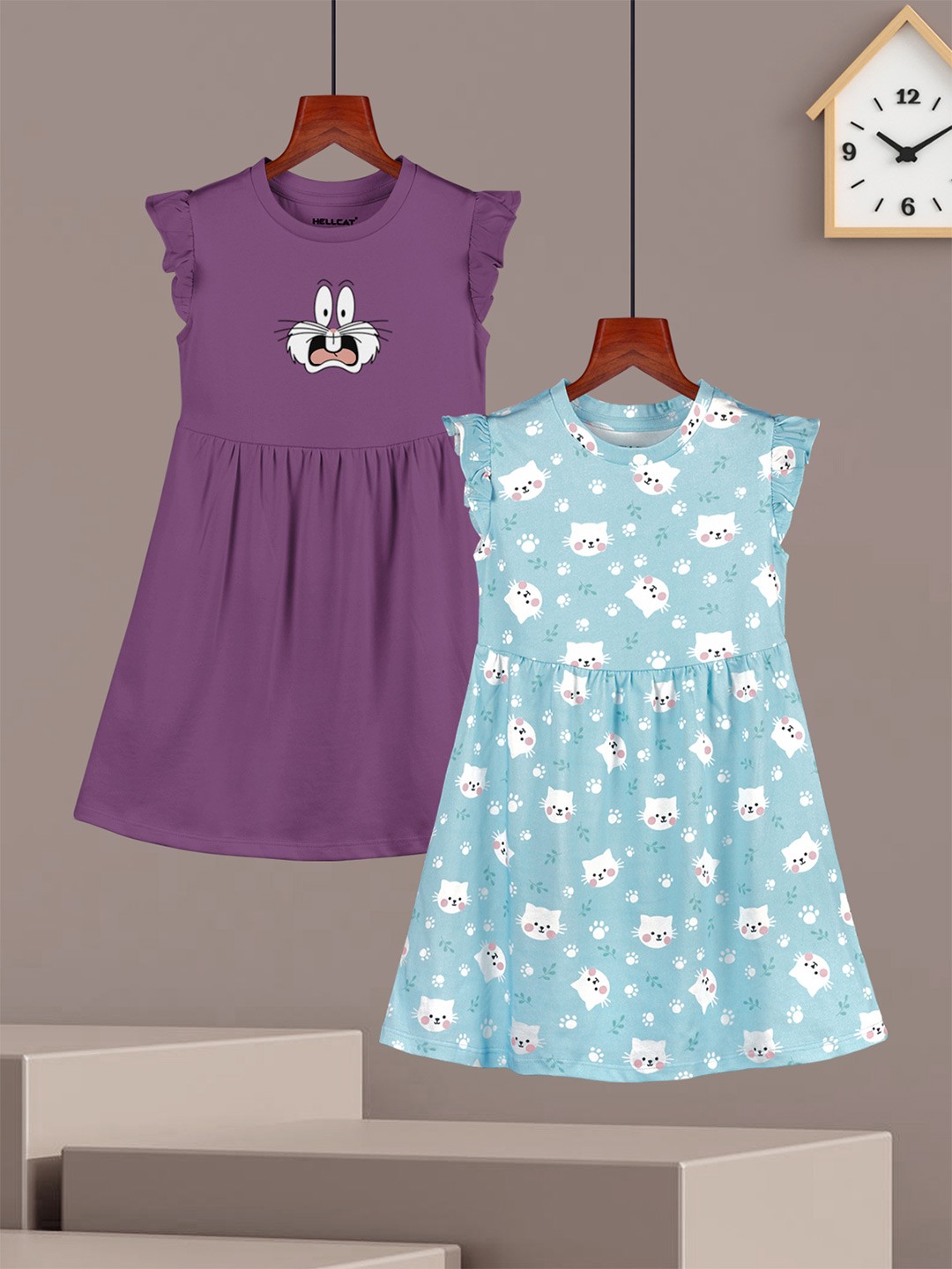

HELLCAT Girls Pack Of 2 Cotton Fit and Flare Dress, Purple
