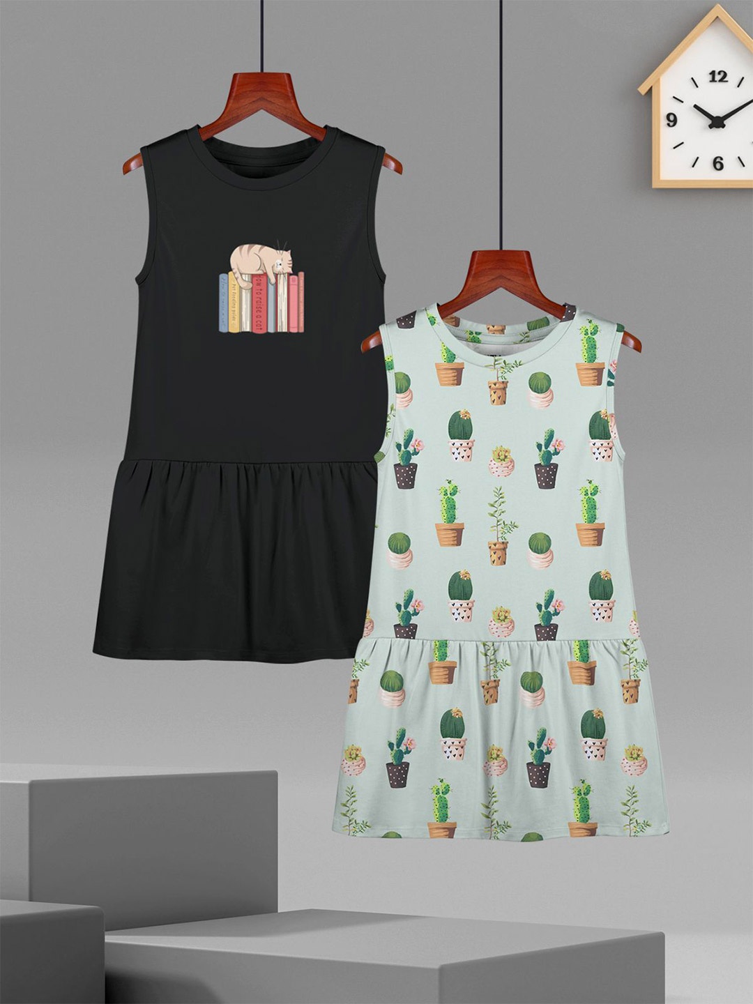 

HELLCAT Girls Pack Of 2 Printed Cotton Drop-Waist Dress, Black