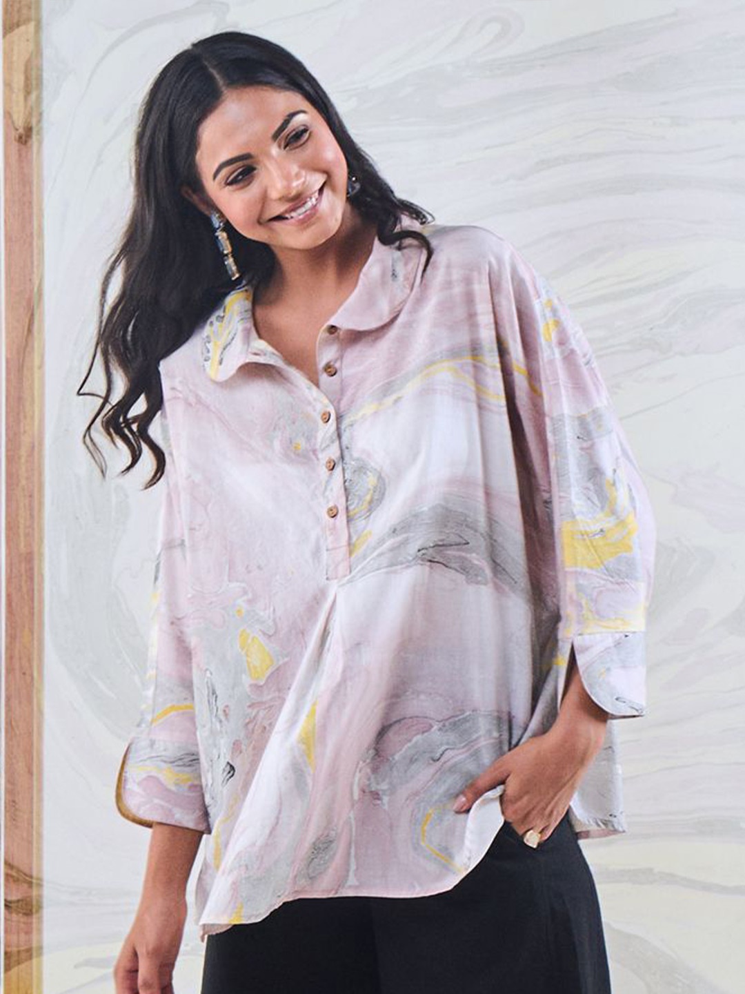

Gulaal Women Comfort Oversized Fit Printed Cotton Casual Shirt, Pink