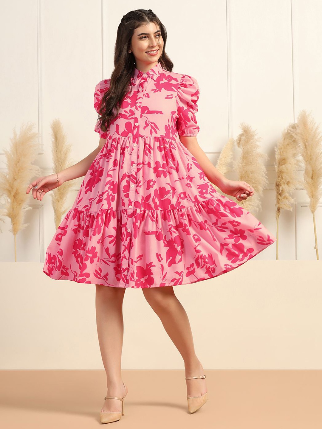 

Moda Rapido Cotton Floral Printed Shirt Collar Tiered Puff Sleeve A-Line Dress, Pink