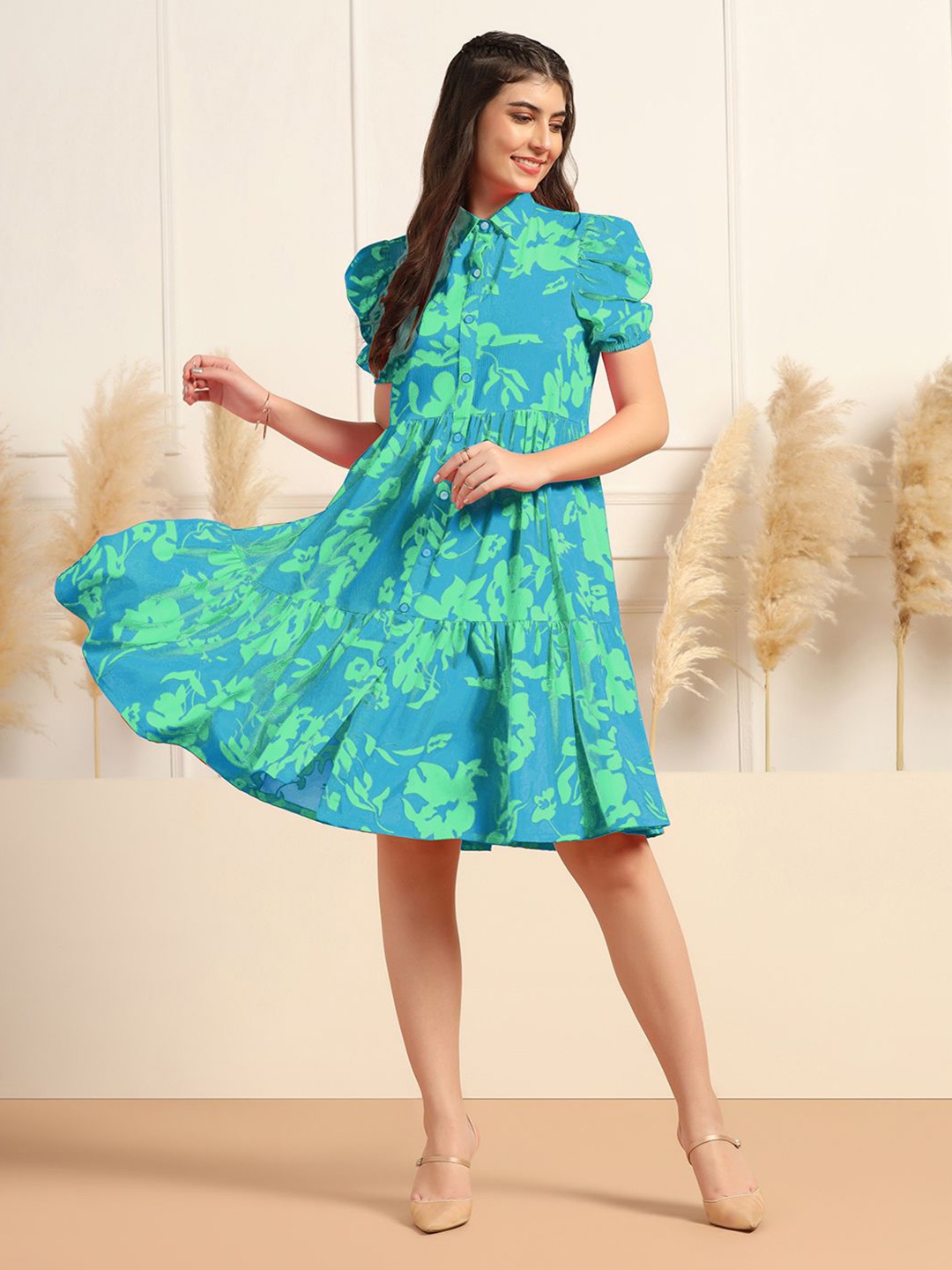 

Moda Rapido Women Floral Print Puff Sleeve A-Line Dress, Teal