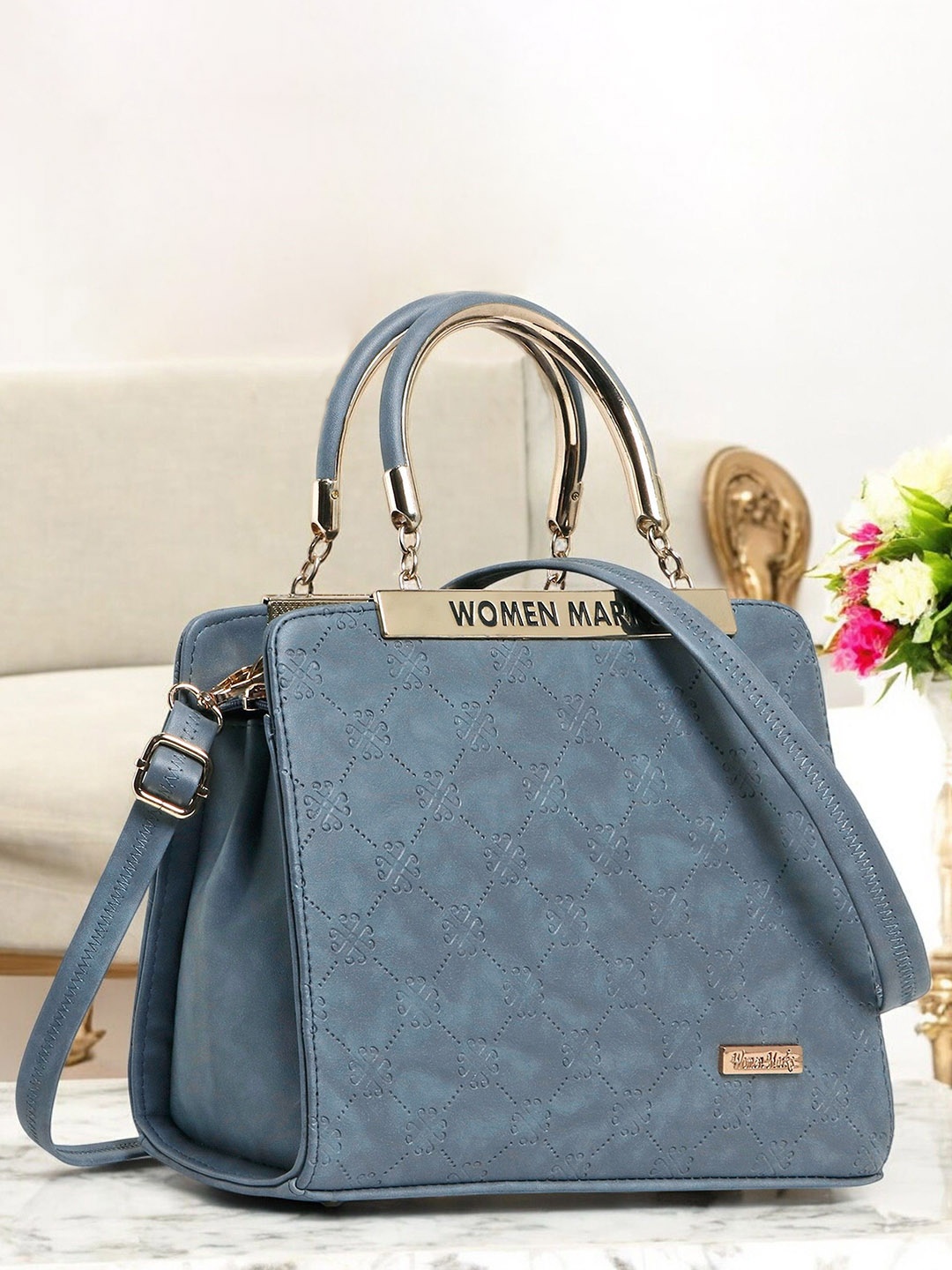 

WOMEN MARKS Textured Crossbody Leather Handheld Bag, Blue