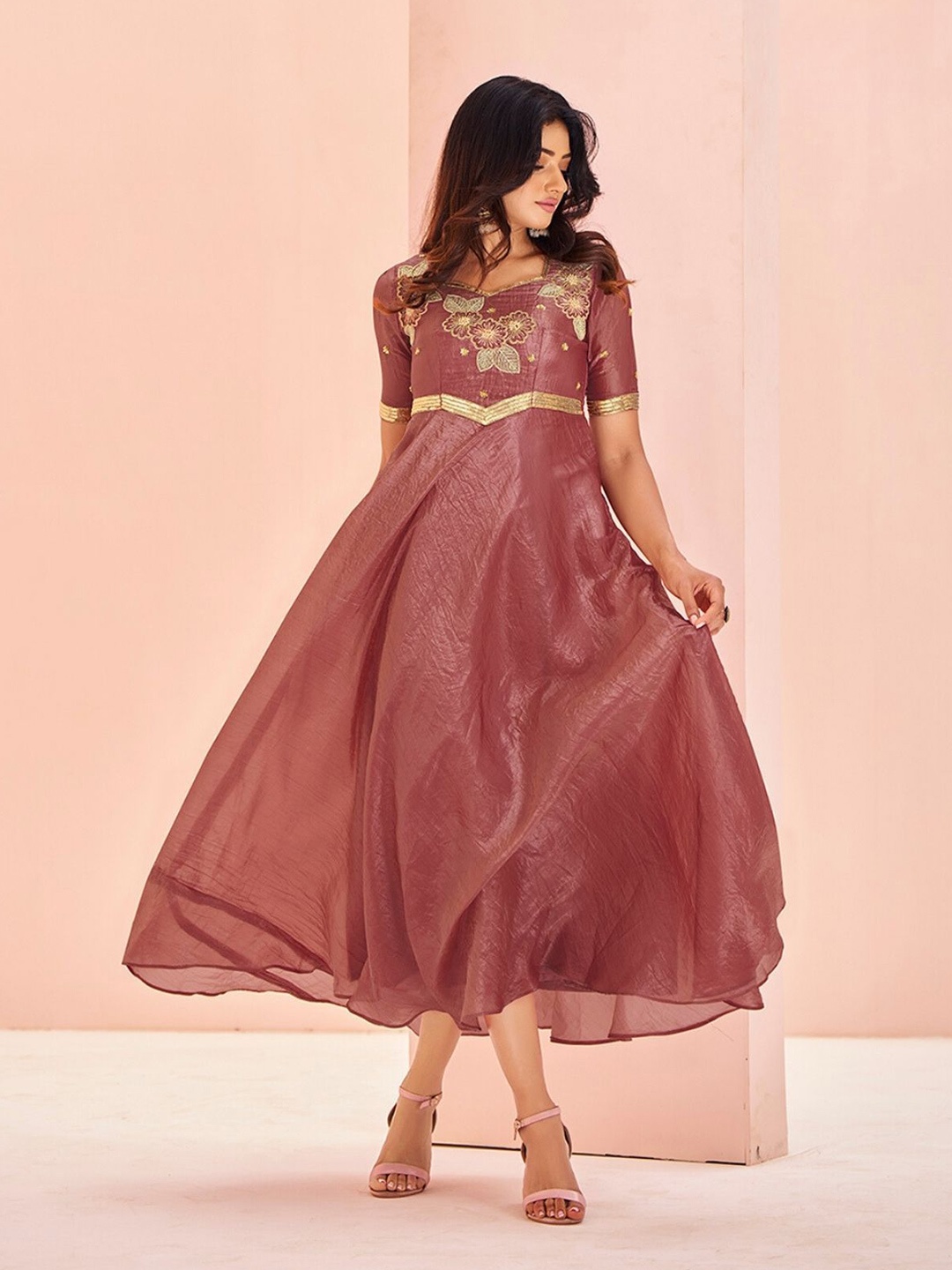 

ODETTE Women Embroidered Cold-Shoulder Sleeves Fit And Flare Ethnic Dress, Pink