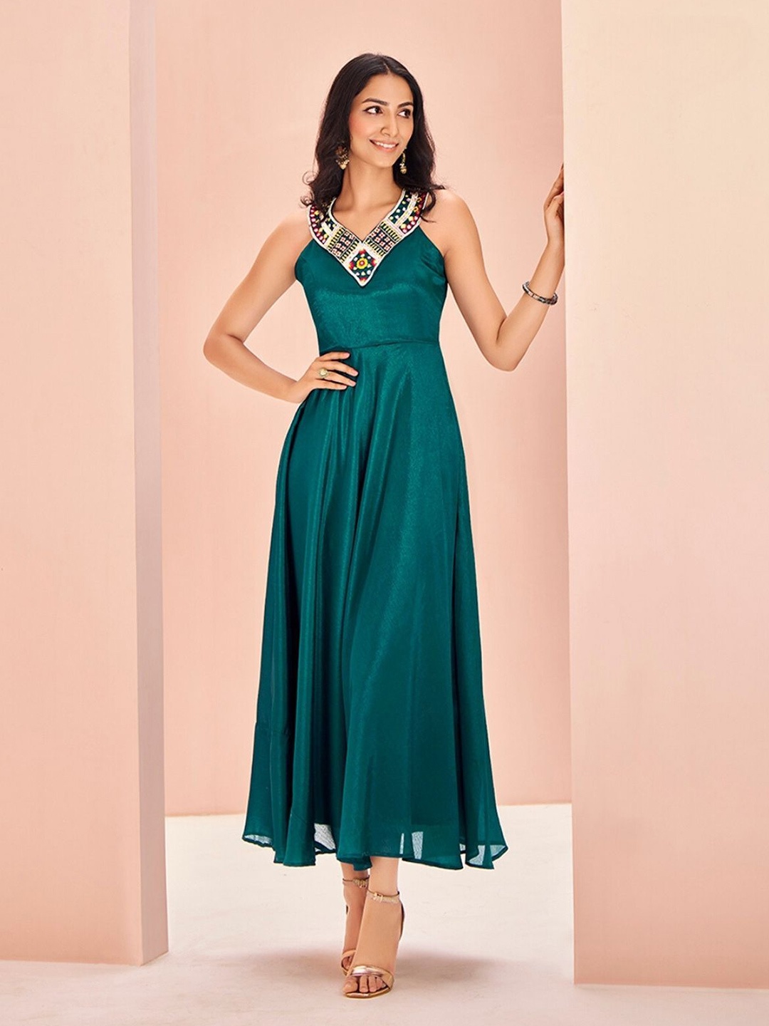 

ODETTE Women Embroidered Thread Work Ethnic Dress, Teal