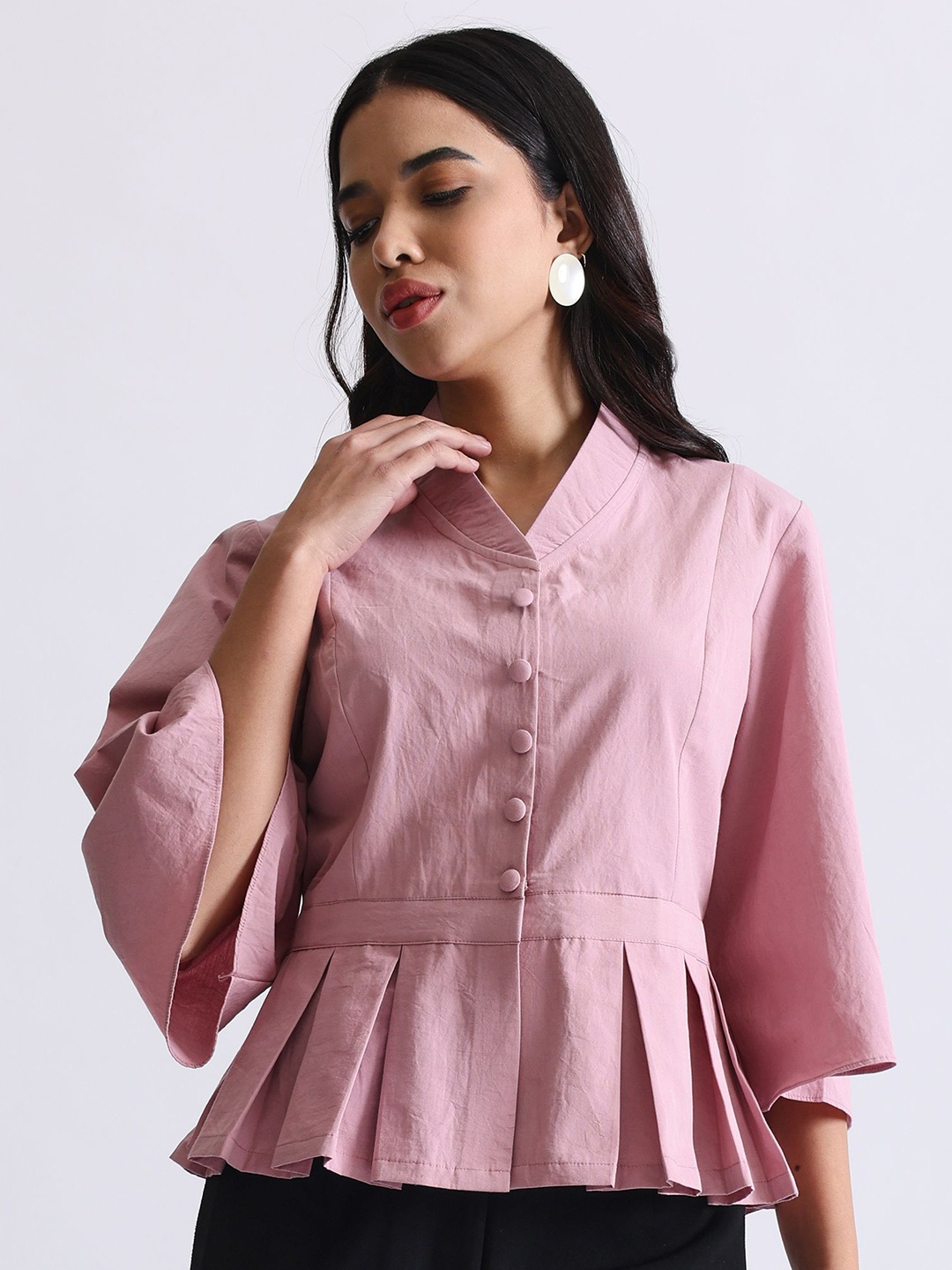 

NH KAPDEWALA Women V-Neck Solid Chiffon Peplum Top, Pink