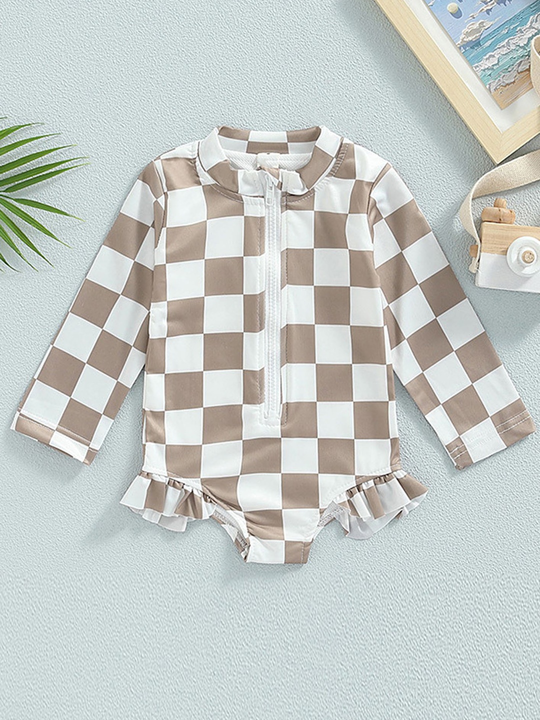 

LULU & SKY Girls Checkerboard Printed Mock Neck Swimsuit, Brown
