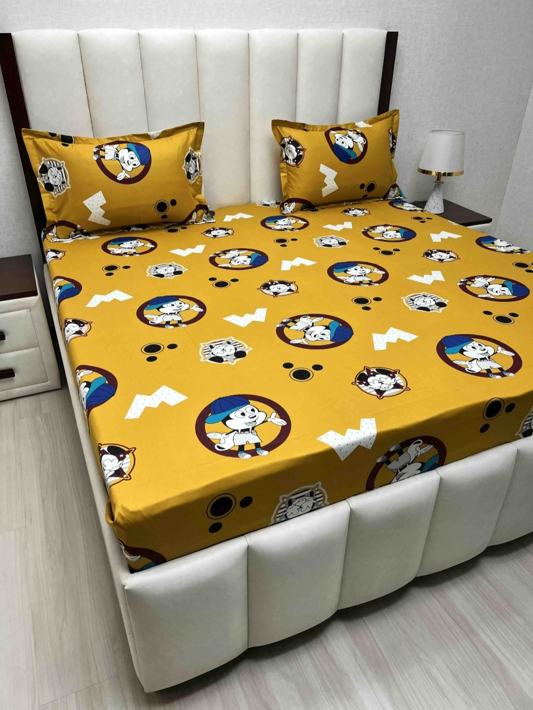 Pure Decor Yellow Cartoon Characters Pure Cotton 210 TC Queen Bedsheet Set 2.28 m x 2.54 m