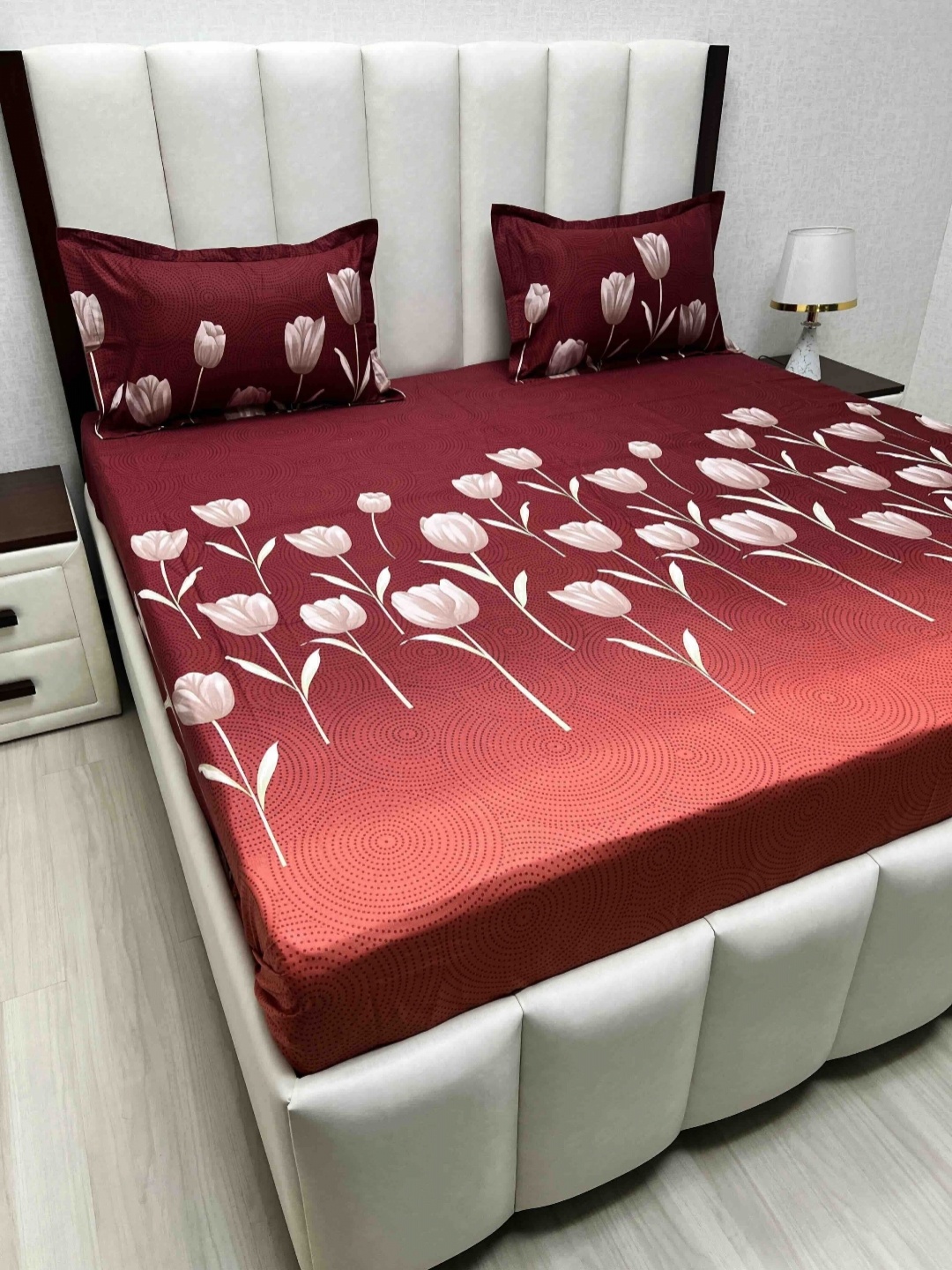 Pure Decor Maroon & White Floral Pure Cotton 210 TC Queen Bedsheet Set 2.28 m x 2.54 m