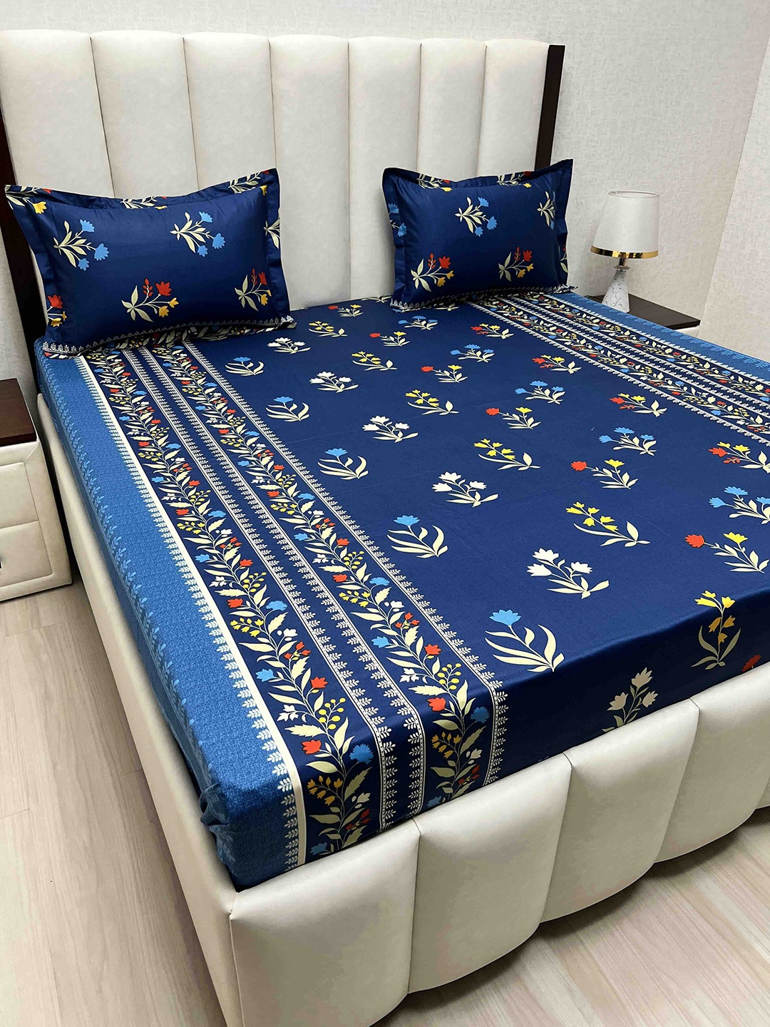 Pure Decor Passion Fur Blue Printed Pure Cotton 210 TC Queen Bedsheet Set 2.54 x 2.28 m