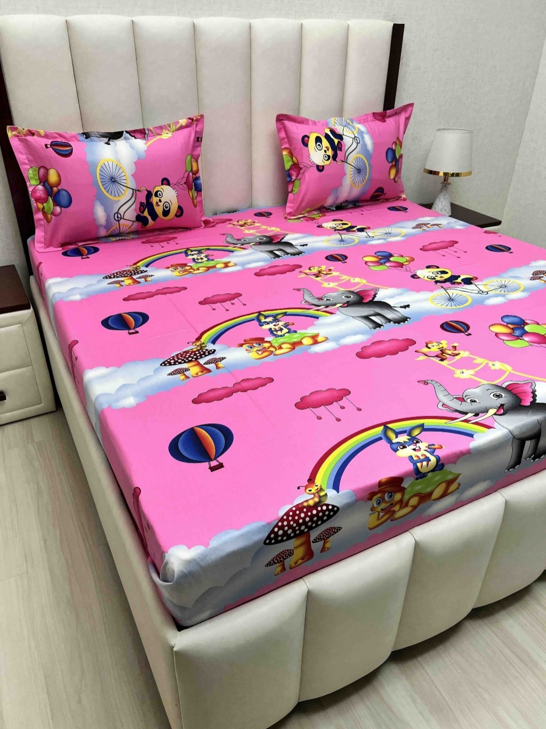 Pure Decor Pink Cartoon Characters Pure Cotton 210 TC Queen Bedsheet Set 2.28 m x 2.54 m