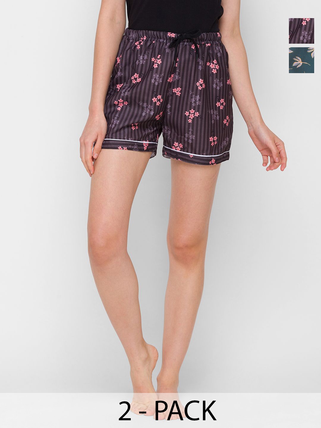 

NOIRA Women Pack Of 2 Printed Lounge Shorts, Green