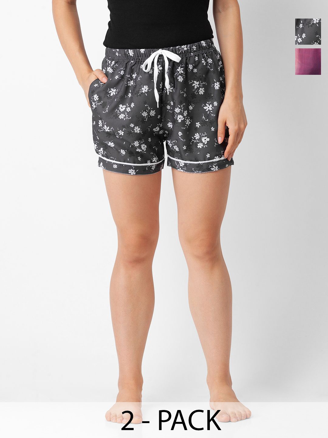

NOIRA Women Pack Of 2 Printed Lounge Shorts, Grey