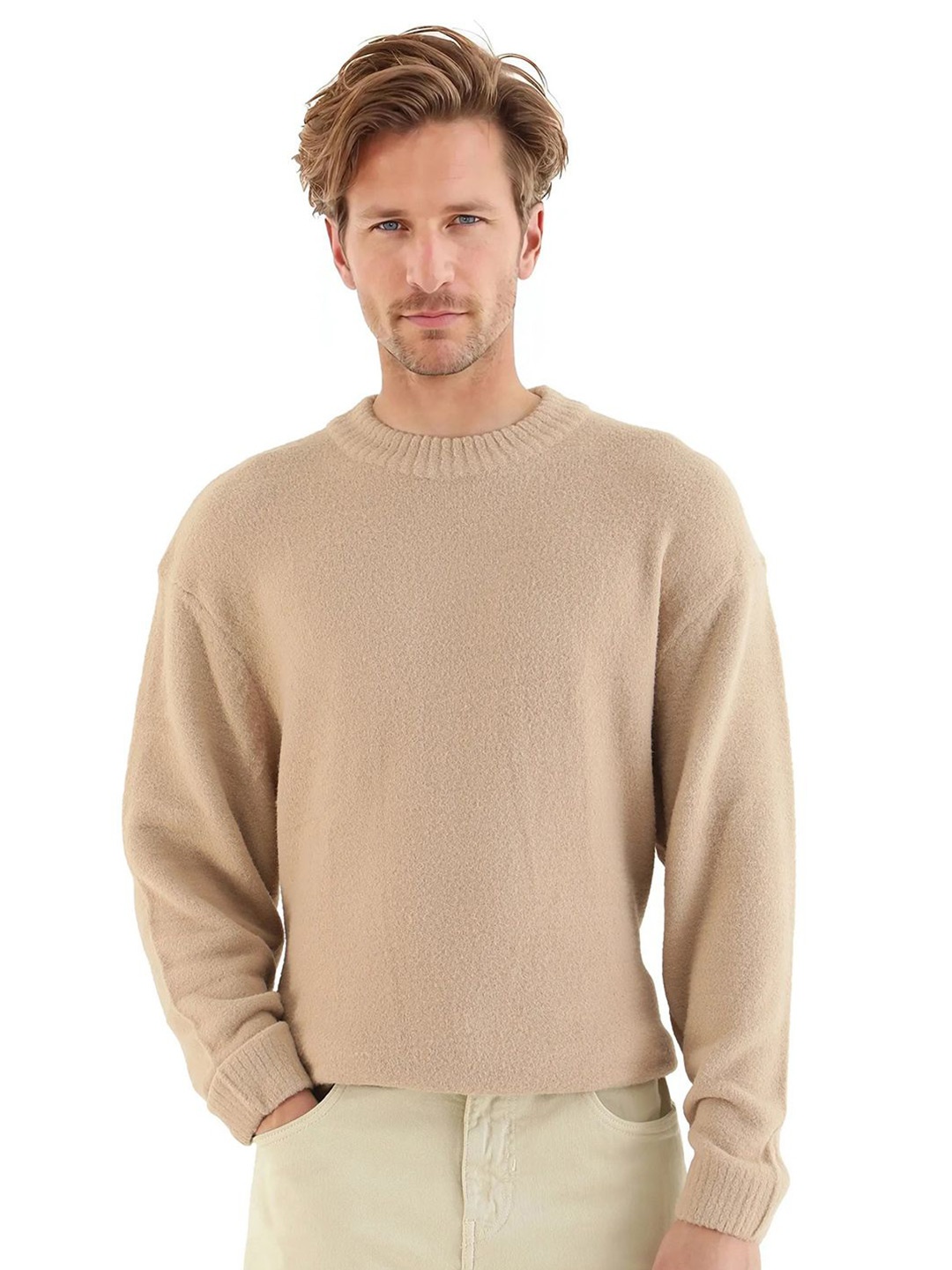 

RARE RABBIT Men Zeo-1 Dark Beige Round Neck Pullover