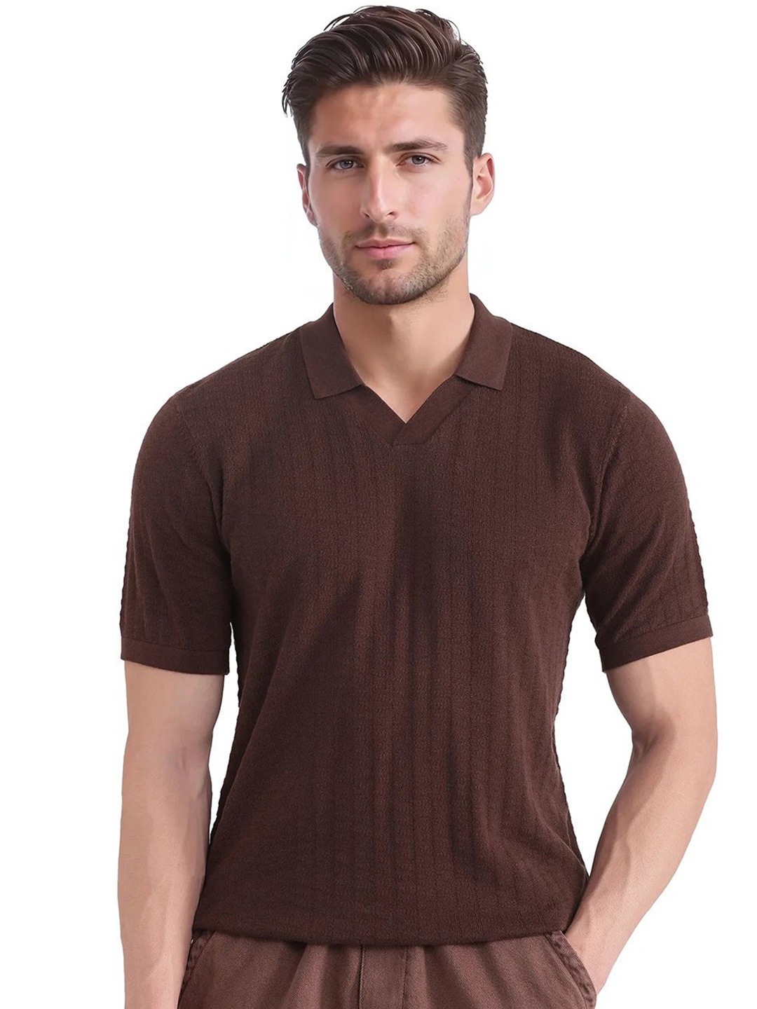 

RARE RABBIT Men Self Design Polo Collar Cotton T-shirt, Brown